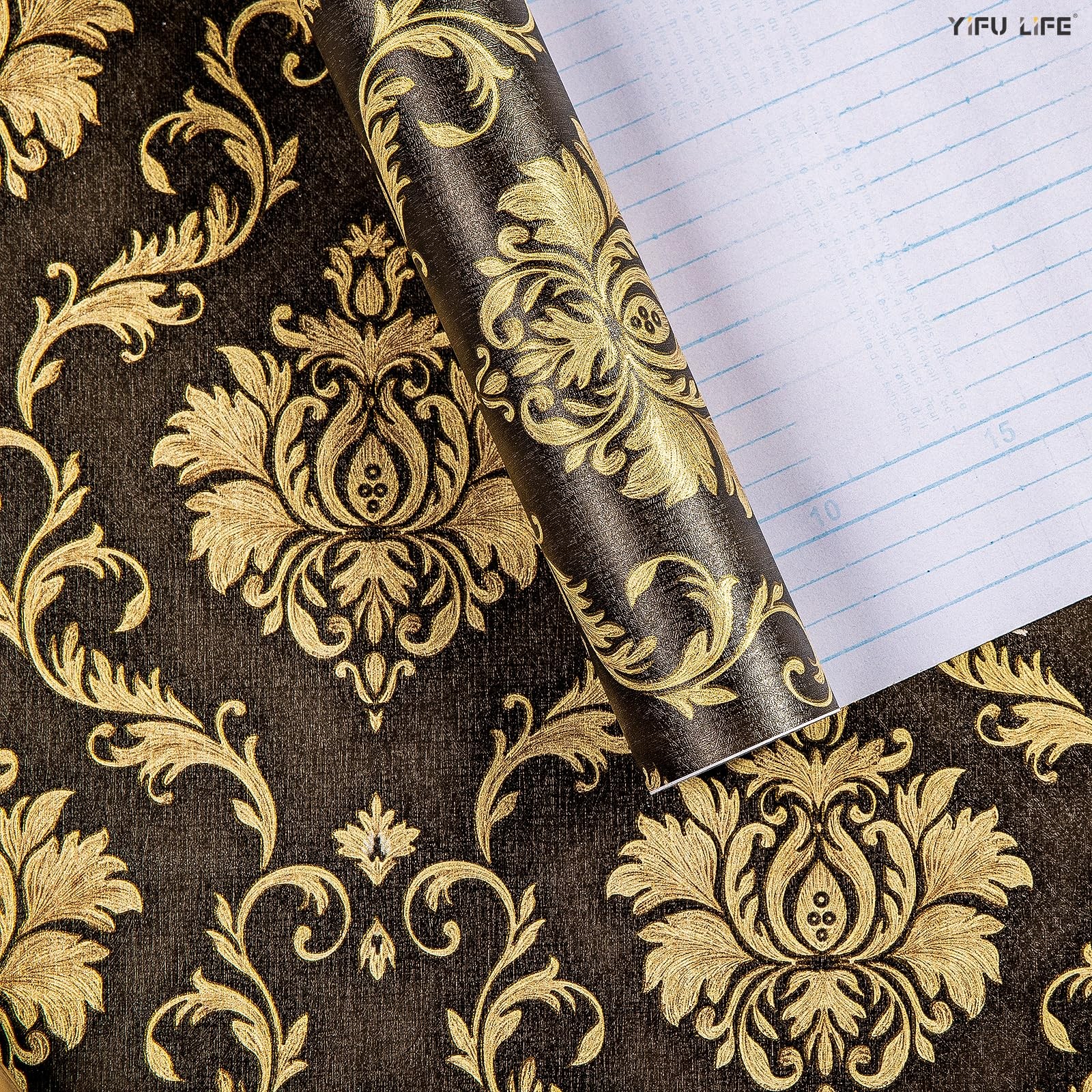 Peel and Stick Damask Wallpaper 17.7"×32.8ft Brown/Black Decorative Wall Cove…