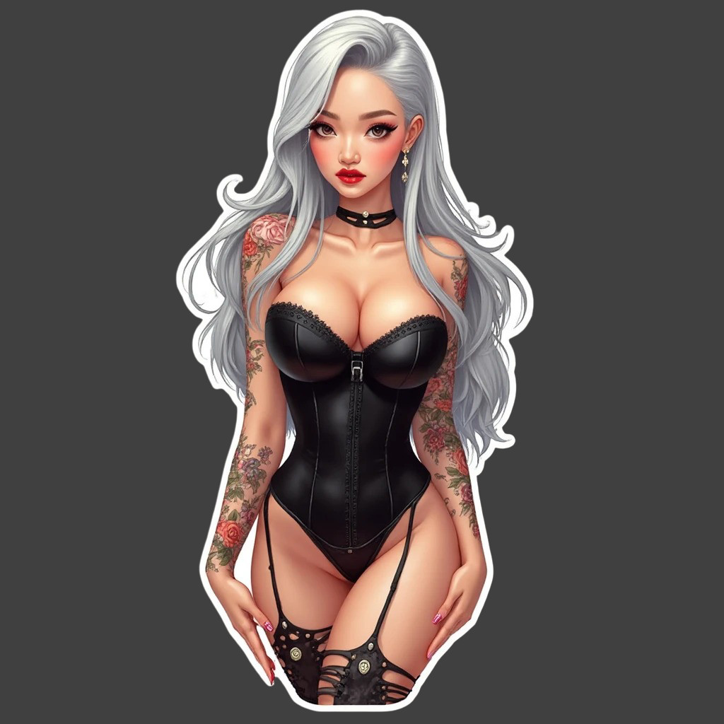 Pinup girl sticker vinyl decal silver hair corset tattooed curvy alt fashion
