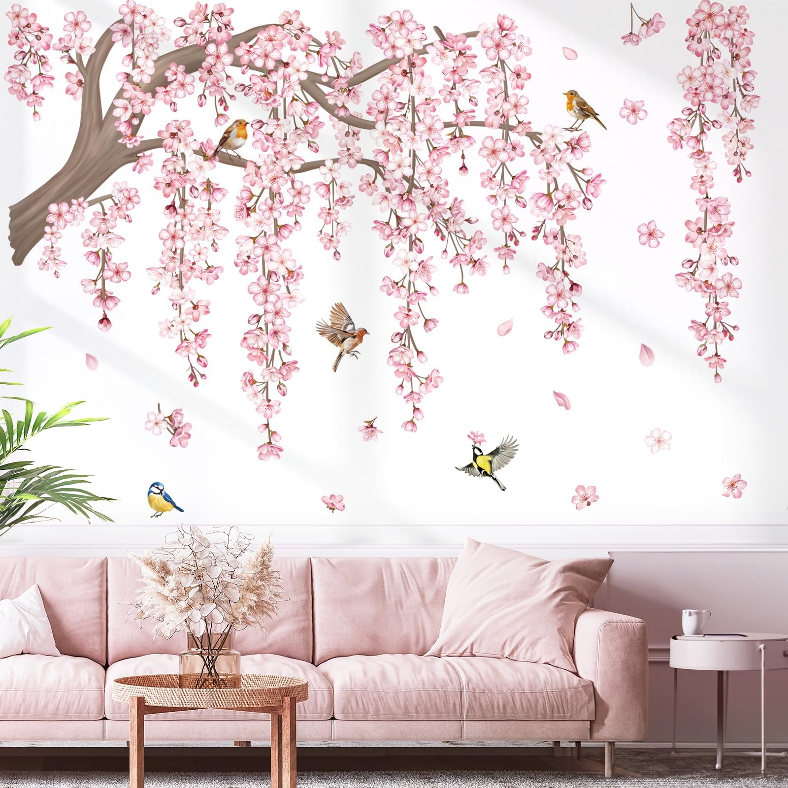 Large Pink Flower Tree Branch Wall Decals Cherry Blossom Tree Floral Birds Wa…