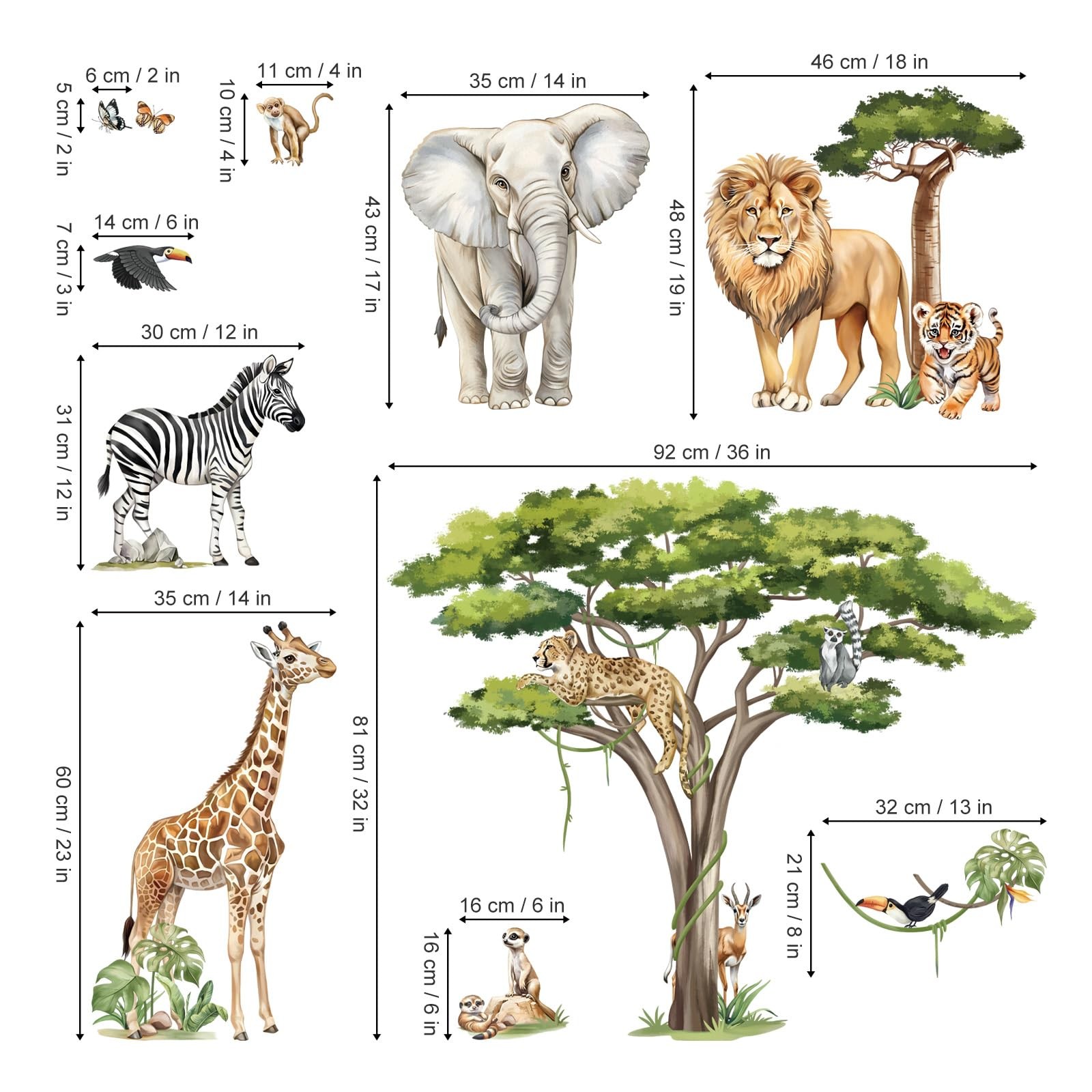 Large Safari Animals Tree Wall Stickers Jungle Animals Giraffe Elephant Lion …