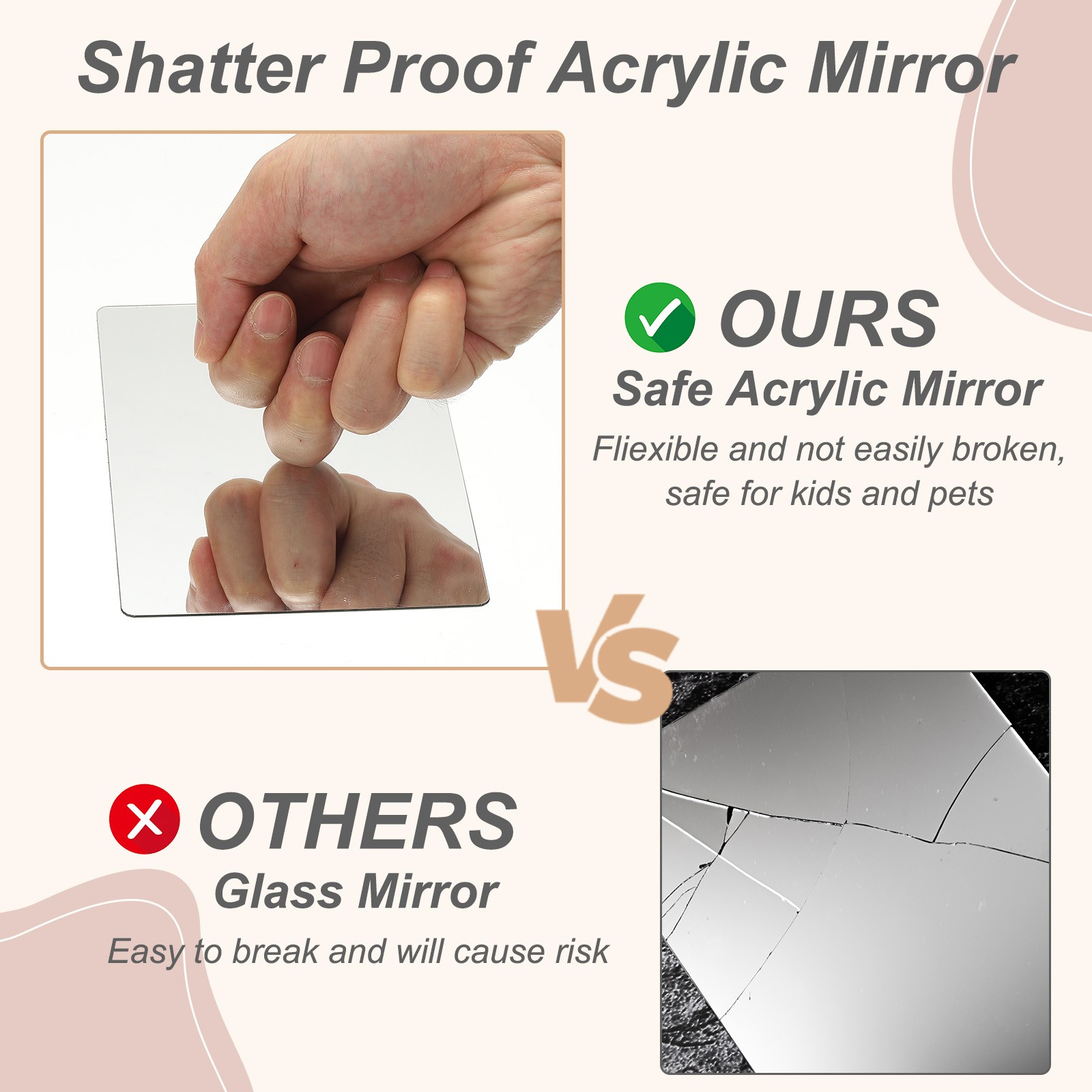 8Pcs Acrylic Mirror Sheet, 1.6×1.2" Rectangle Self Adhesive Mirror