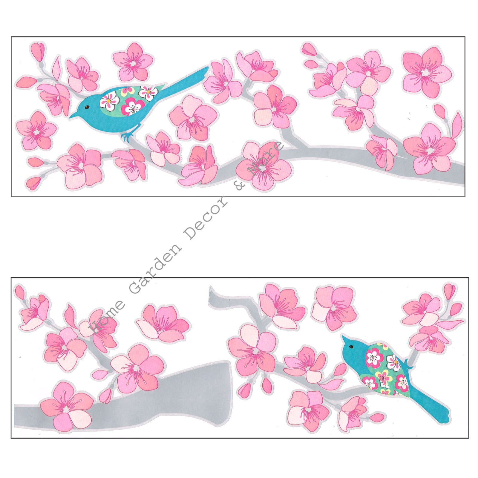 CHERRY BLOSSOMS Pink Flower Blue Bird Wall Art Mural Decals Appliques Stickers