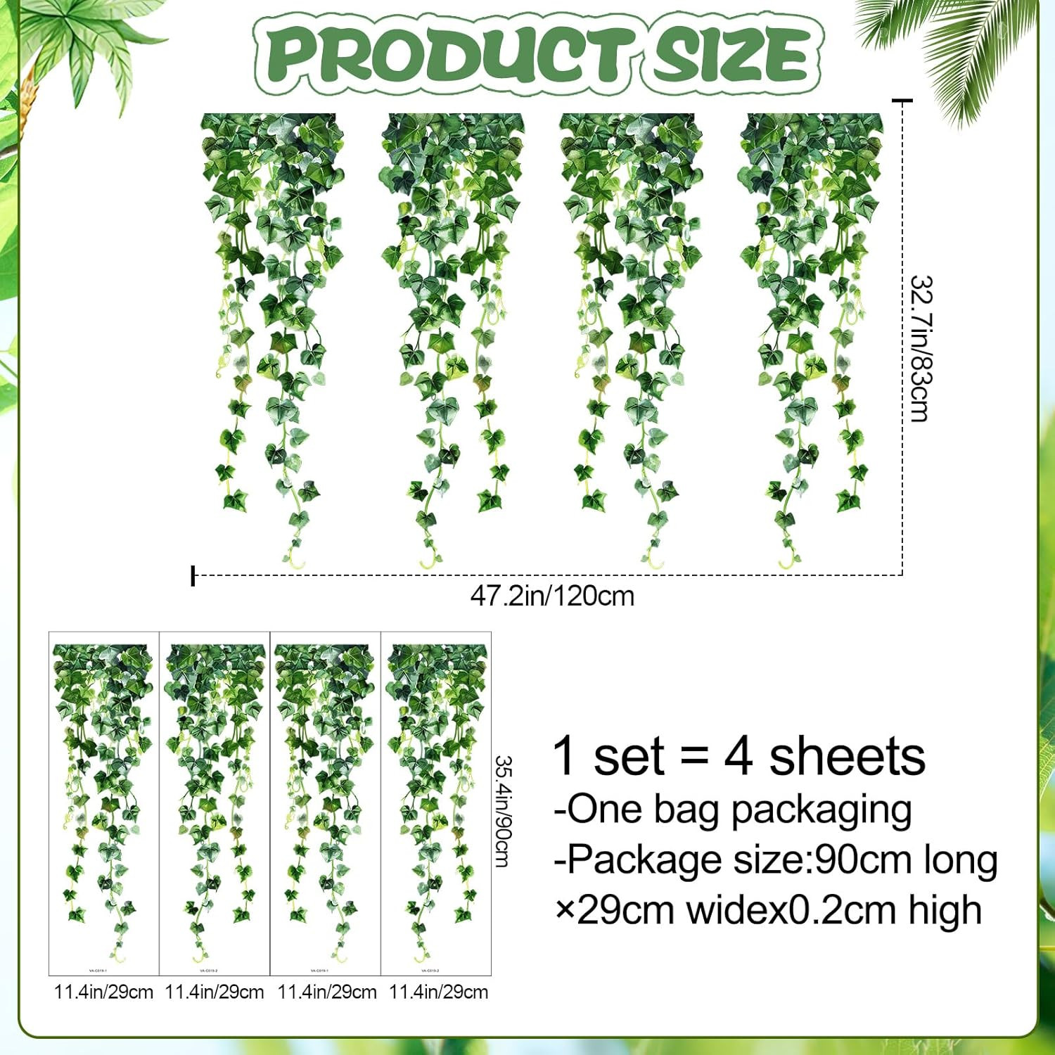 Green Plants Leaves Wall Decals Hanging Vine Wall Stickers Fresh Green Leaf Wall