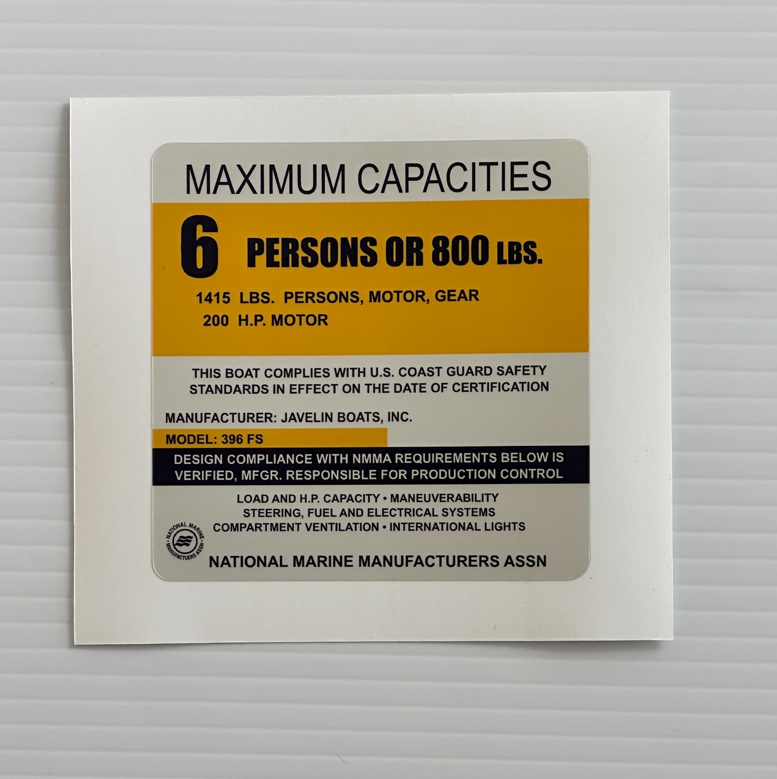 Javelin 396 FS Boat Capacity Plate Decal Replacement Sticker USCG NMMA