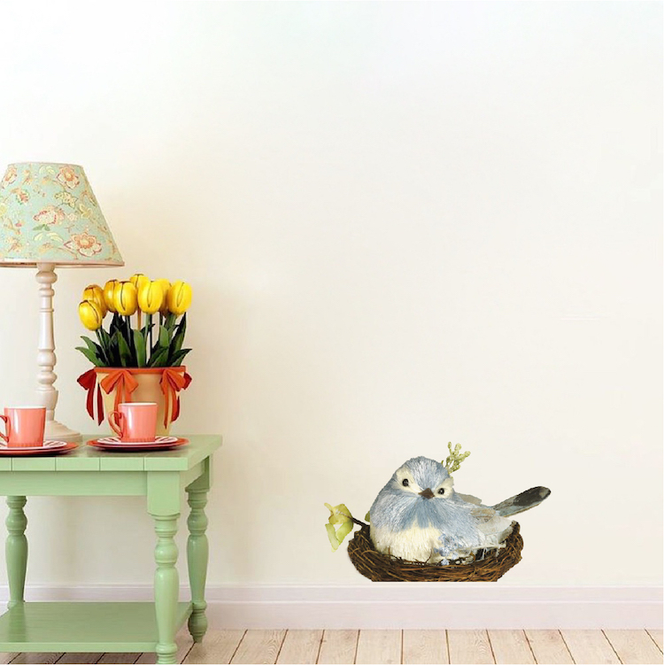 Cute Nesting Bird Wall Decal Mural Floral Nest Blue Flowers Small Flower, b37
