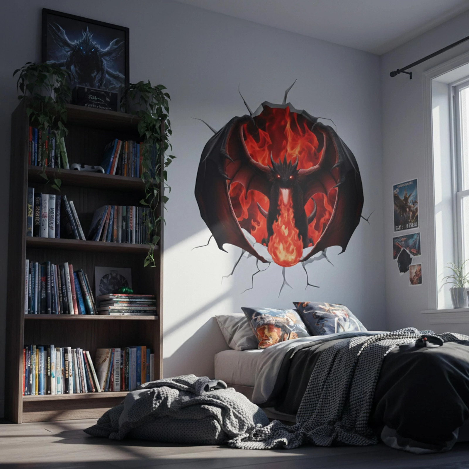 3D Red Fire Dragon Wall Decal | Cracking Wall Fantasy Mural