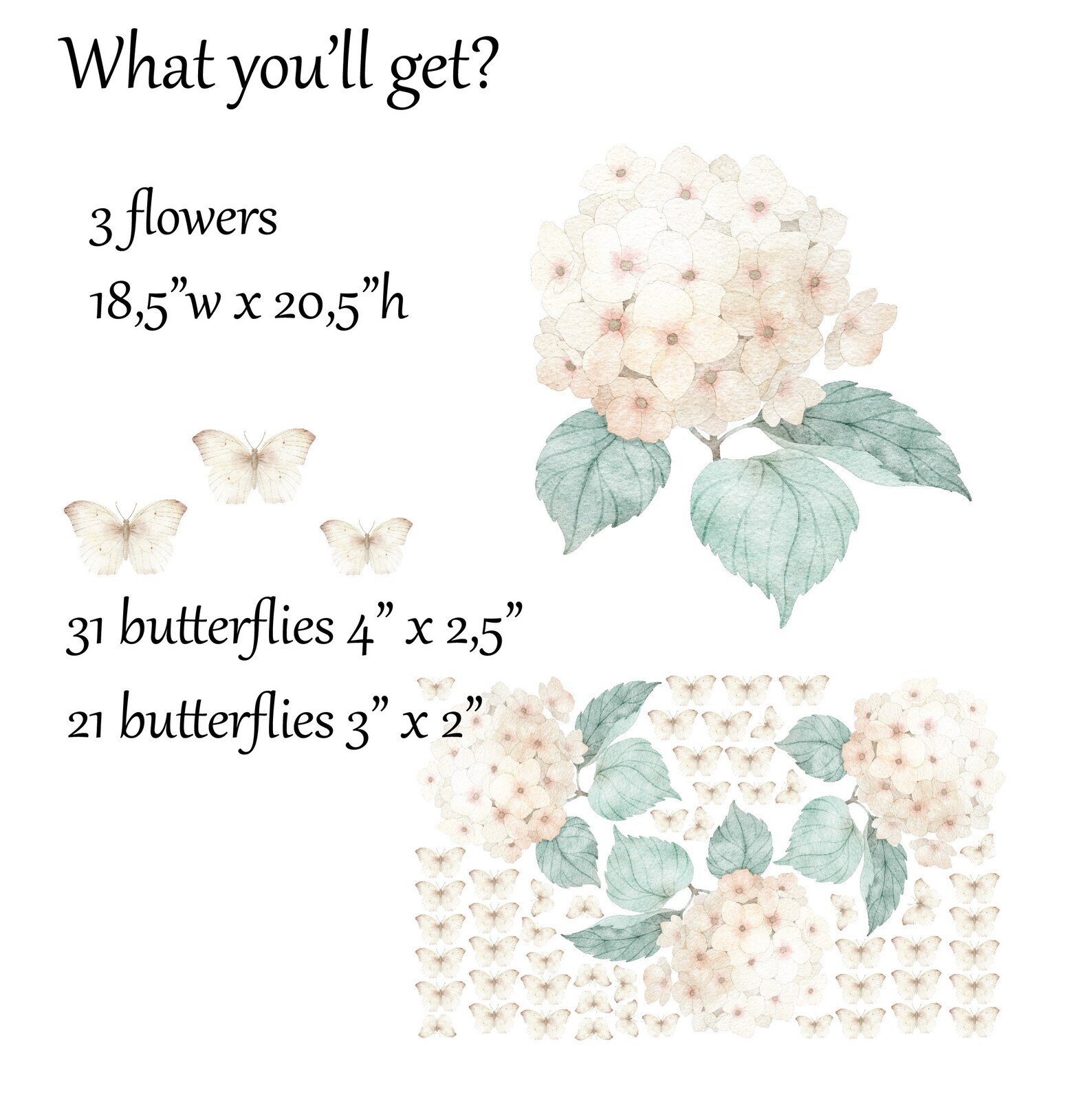 Hydrangea Flowers Wall Stickers Neutral Colors Nursery Decals Watercolor LF545
