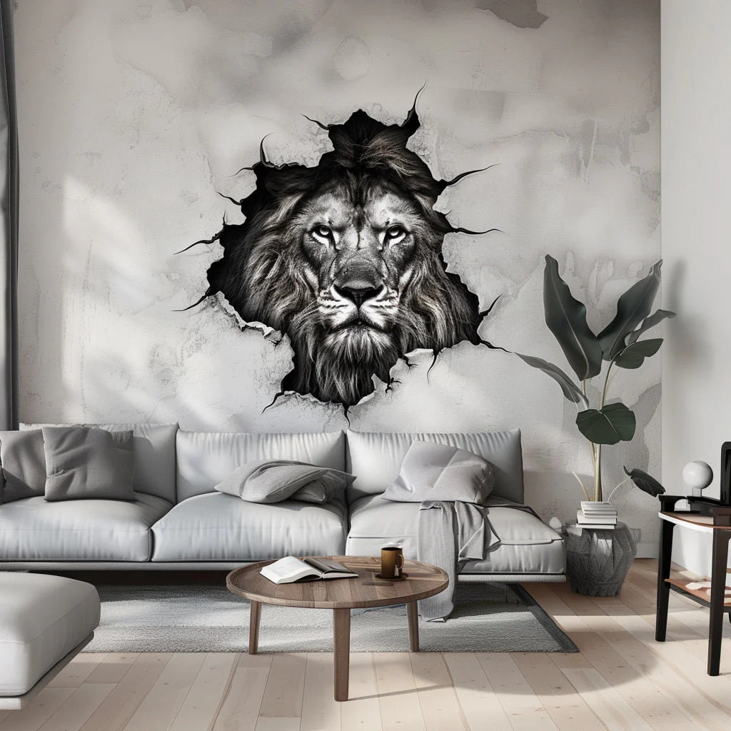 3D Lion Head Wall Decal – Majestic Lion Sticker – Realistic Monochrome Animal