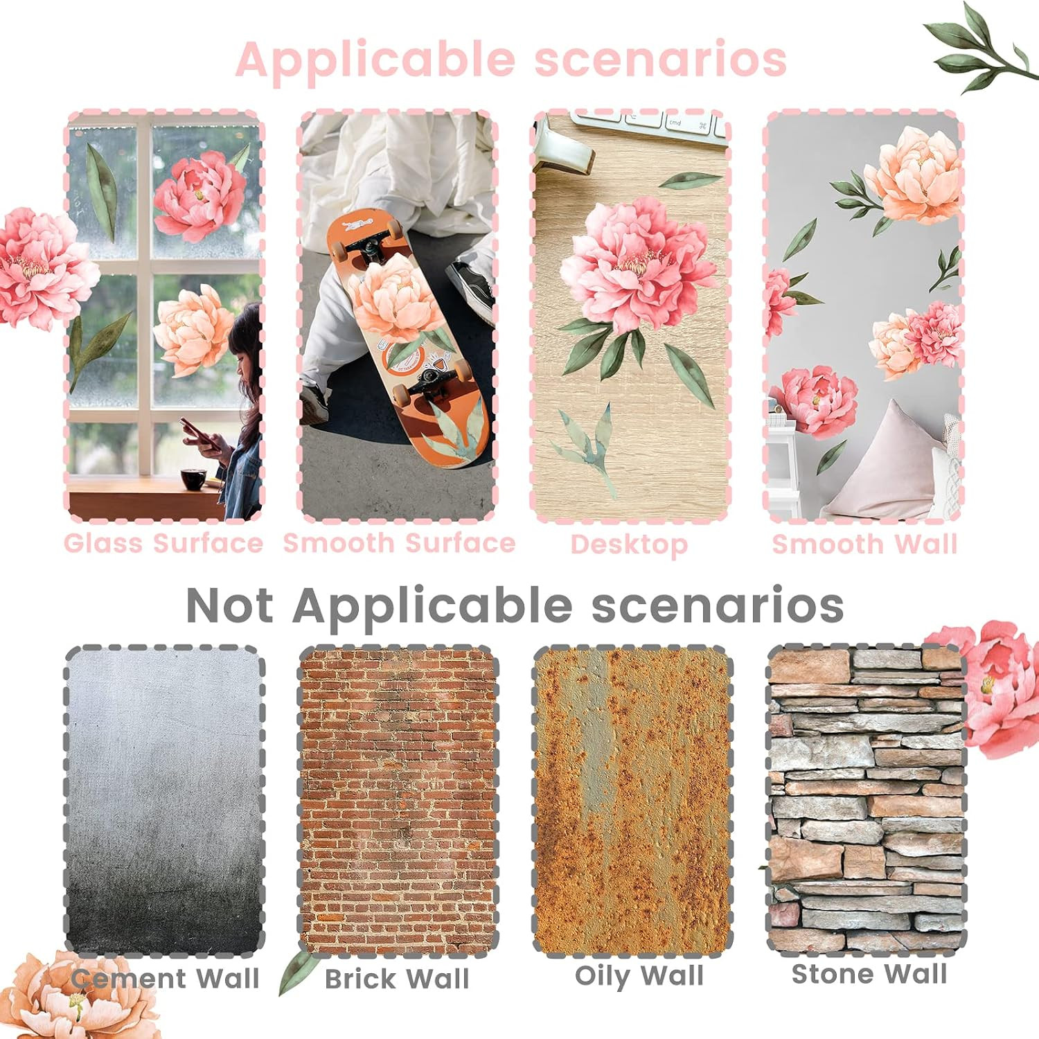 Peony Flowers Wall Decals, Watercolor Elegant Peonies Rose Floral Wall