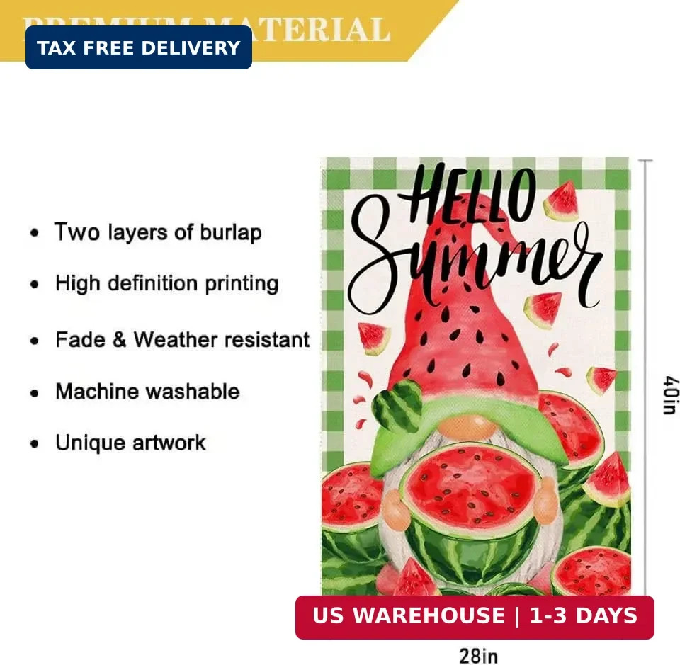 Hello Summer Watermelon House Flag 28 x 40 Inch Summer Gnome Decorative Doubl…