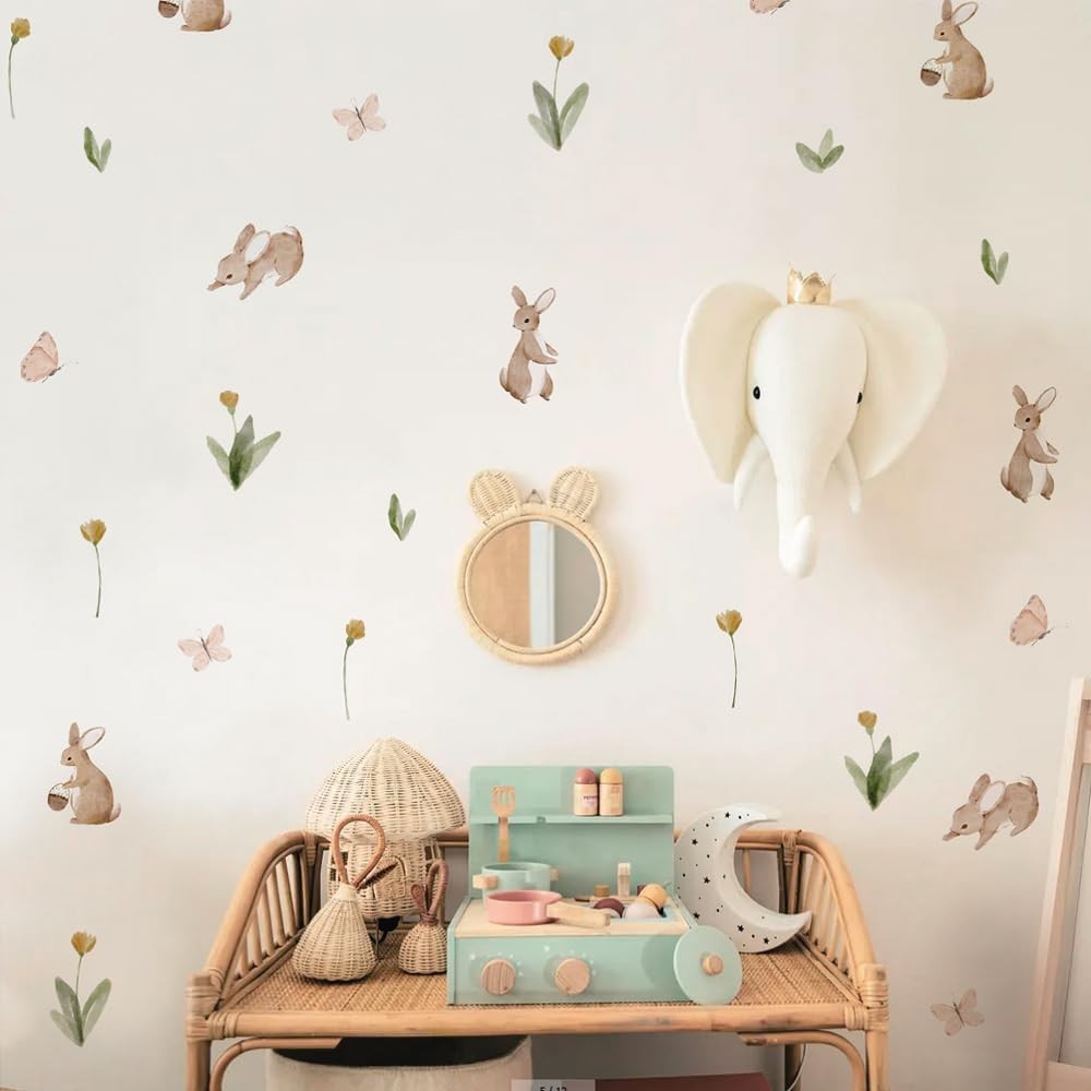Summertime Cute Bunnies and Flowers Nursery Wall Decal, Peel and Stick Reusab…