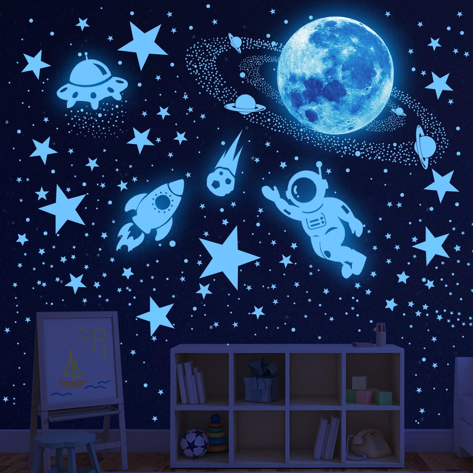 531Pcs Glow in The Dark Stars and Planet Wall Stickers,Galaxy Astronaut Blue