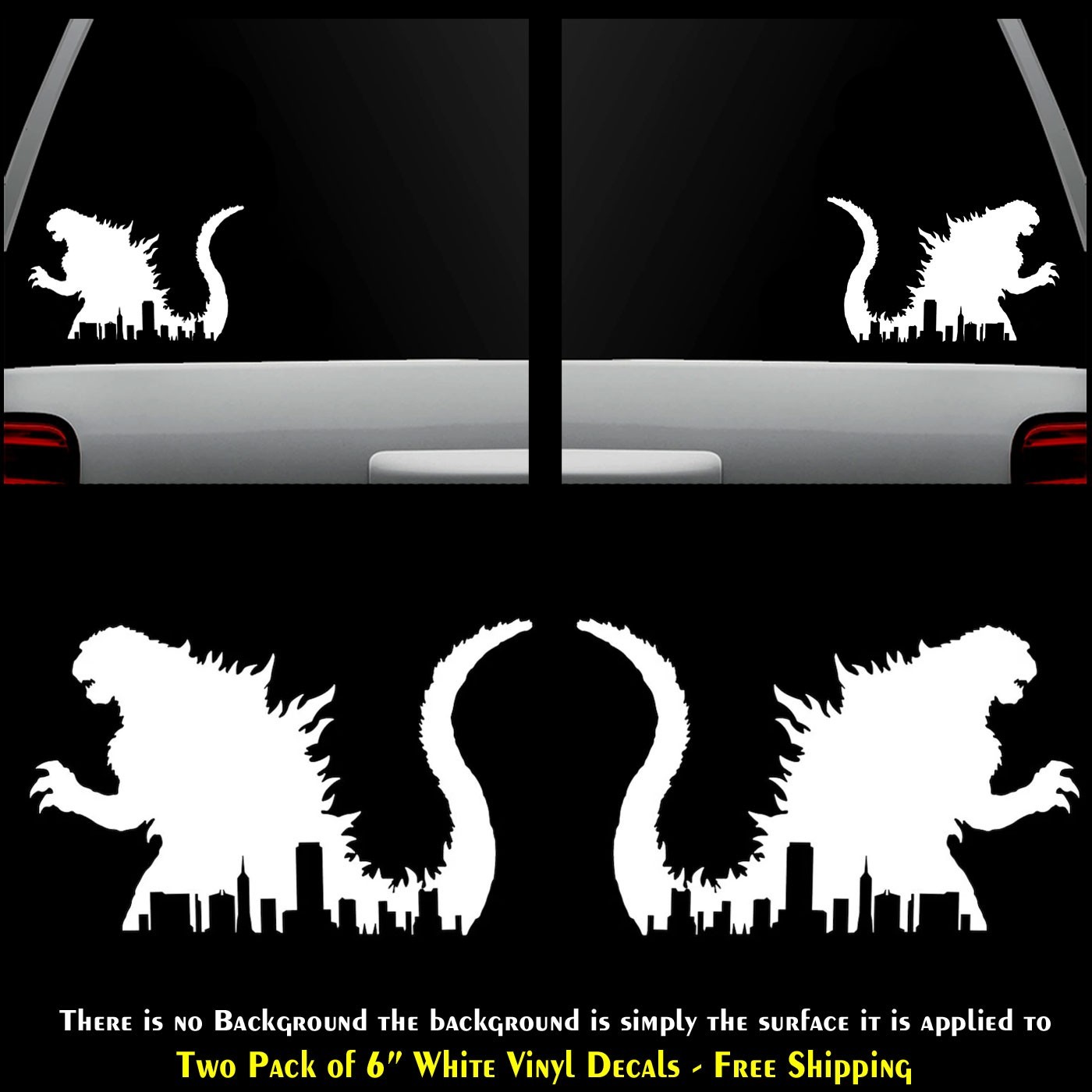 Godzilla New York Skyline Two 6" White Decals Vehicle Window Any Flat Surface
