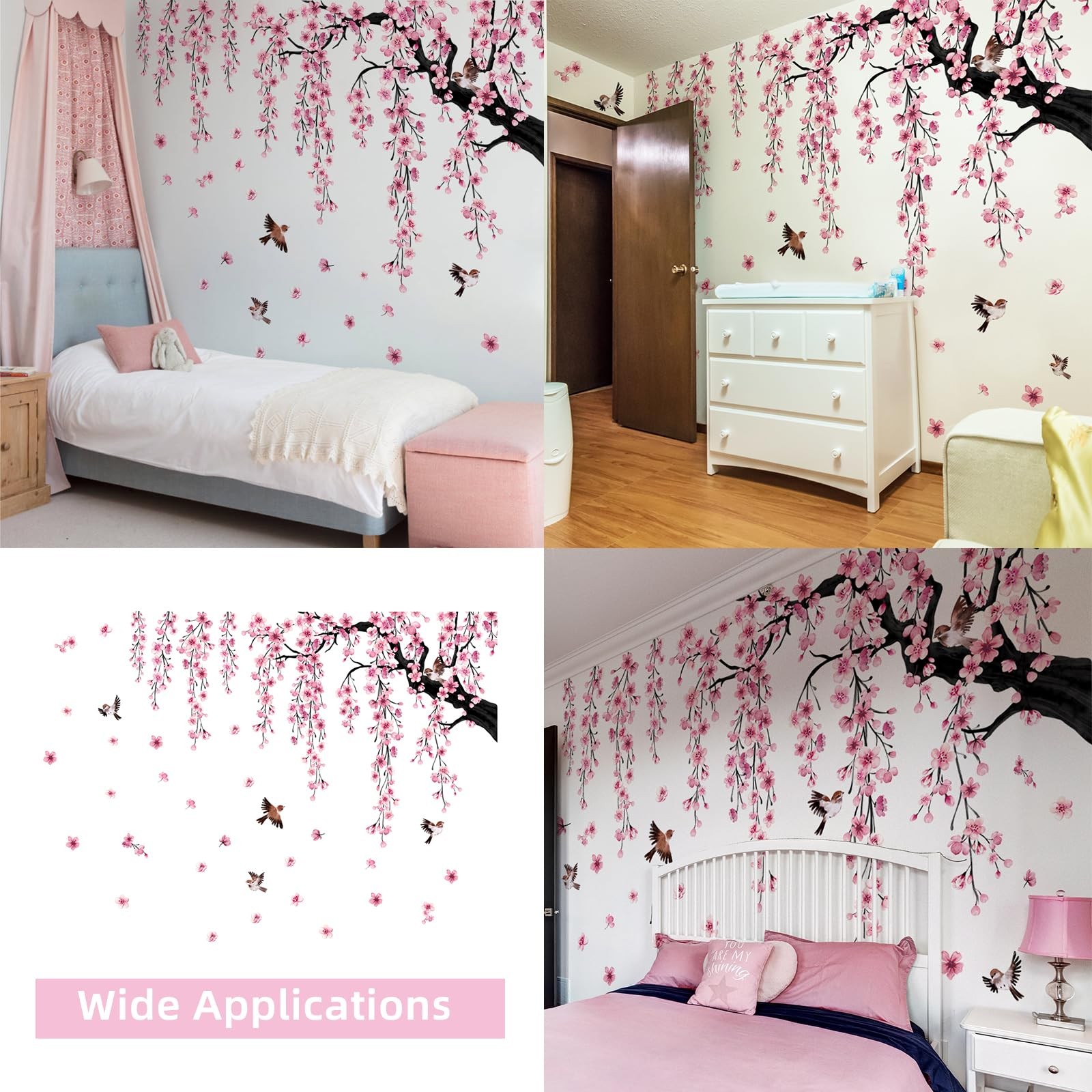 Lilac Wall Decoration Large Cherry Blossom Tree Wall Stickers, 4 Sheets Sprin…