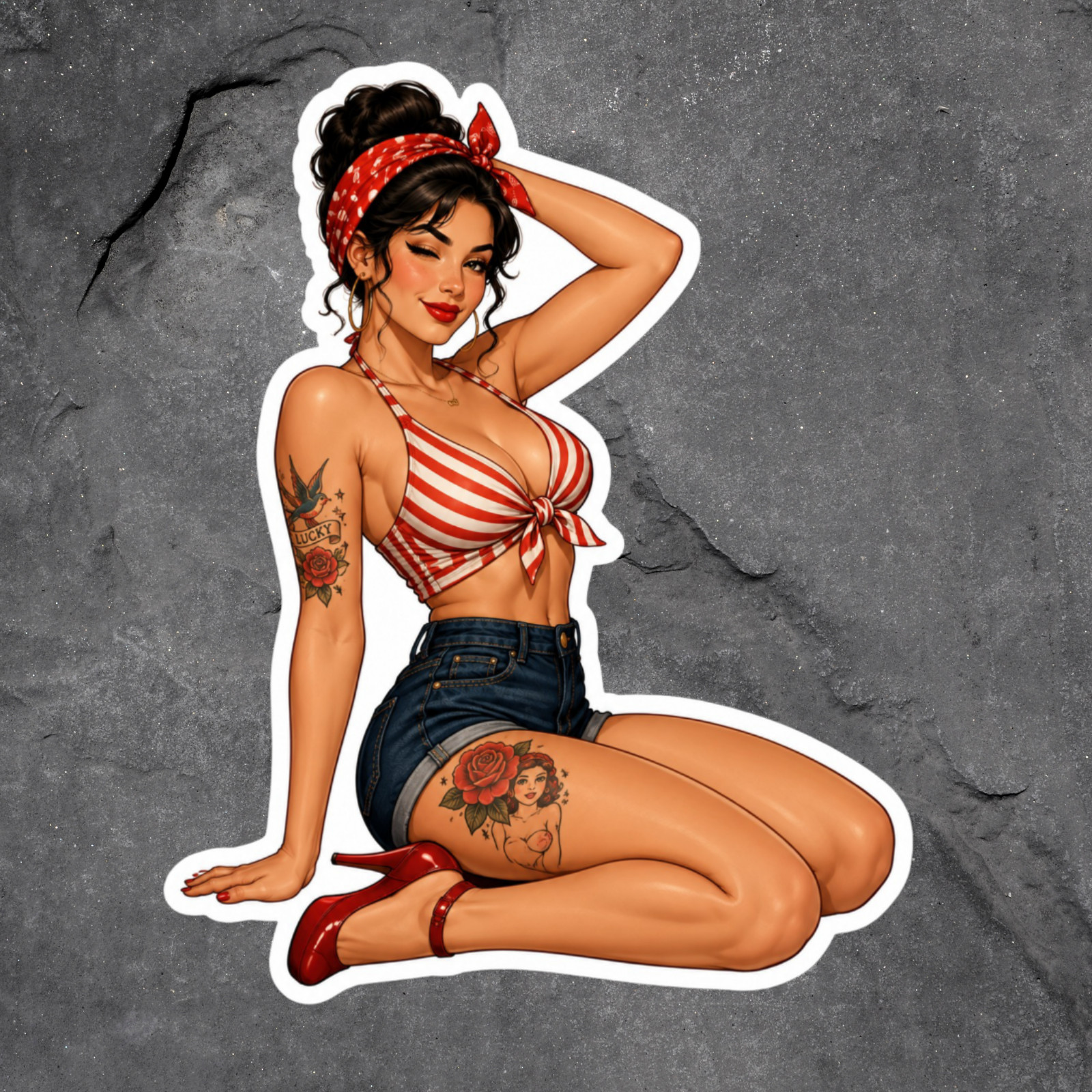 Pinup Girl Sticker Vinyl Decal Retro Rockabilly Striped Top Tattooed Beauty