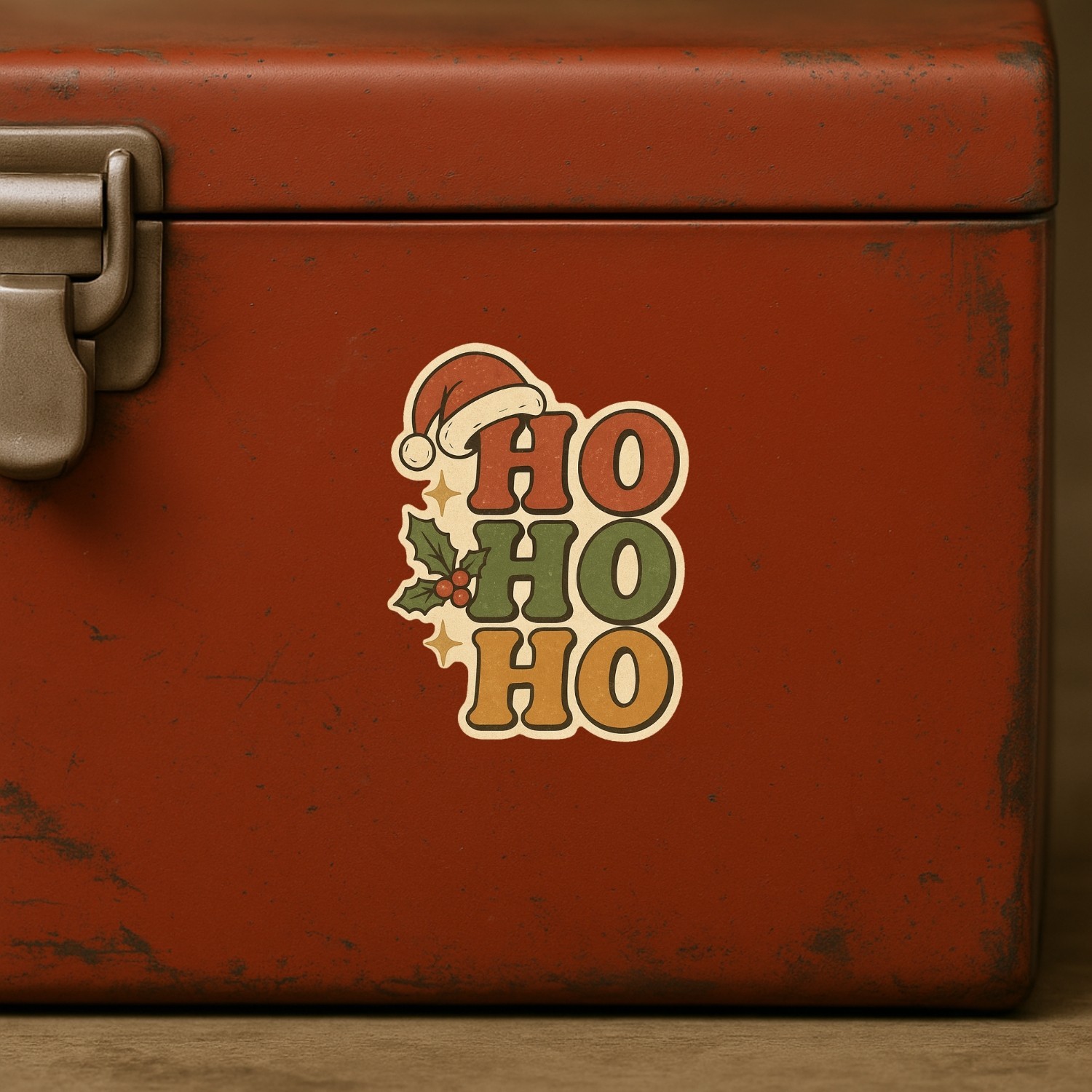 4PCS “Ho Ho Ho Christmas” Stickers – Vintage Santa Hat & Holly Berry Holiday Gif