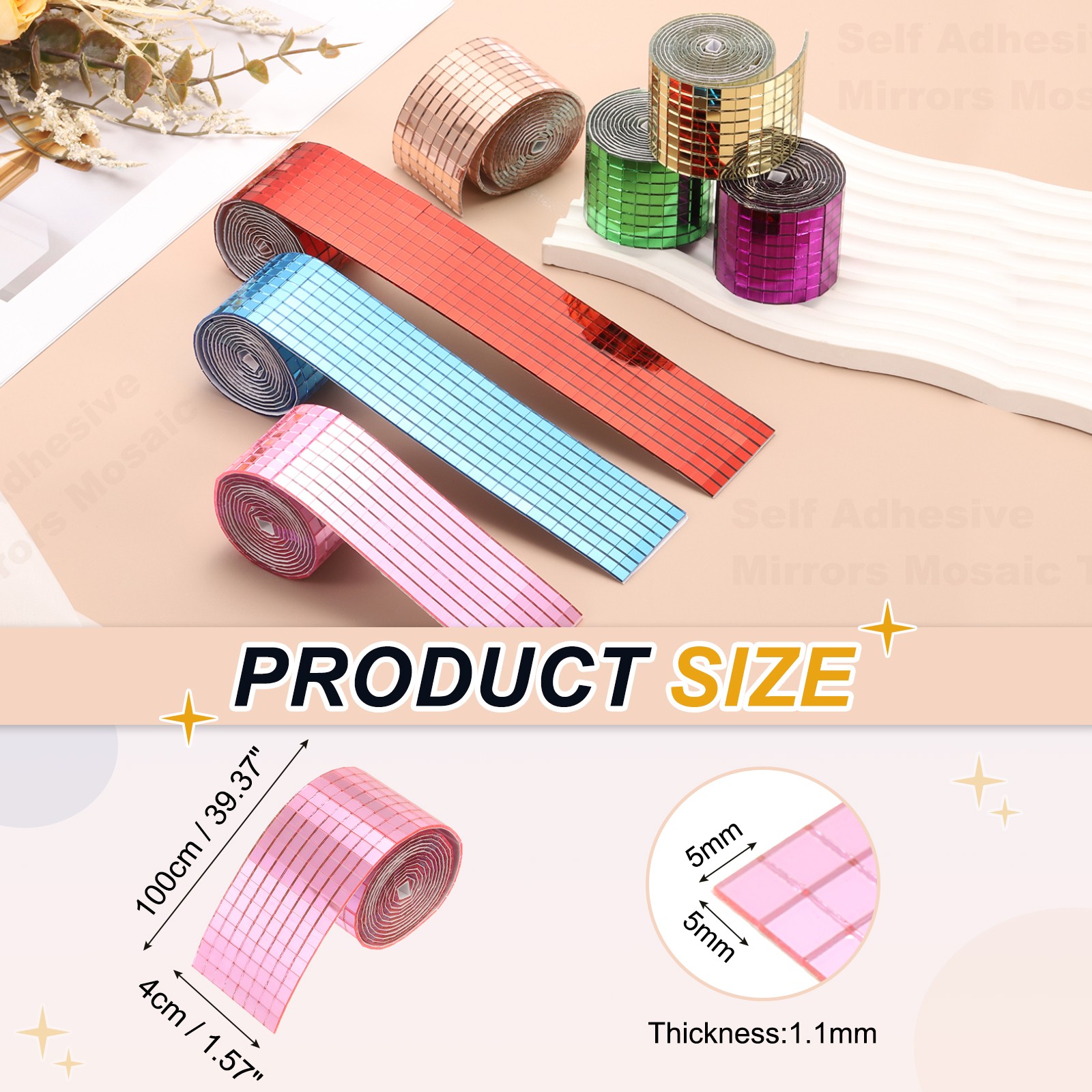 5x5mm Self Adhesive Mirrors Mosaic Tiles, 3200 Pcs Mosaic Sticker, Pink