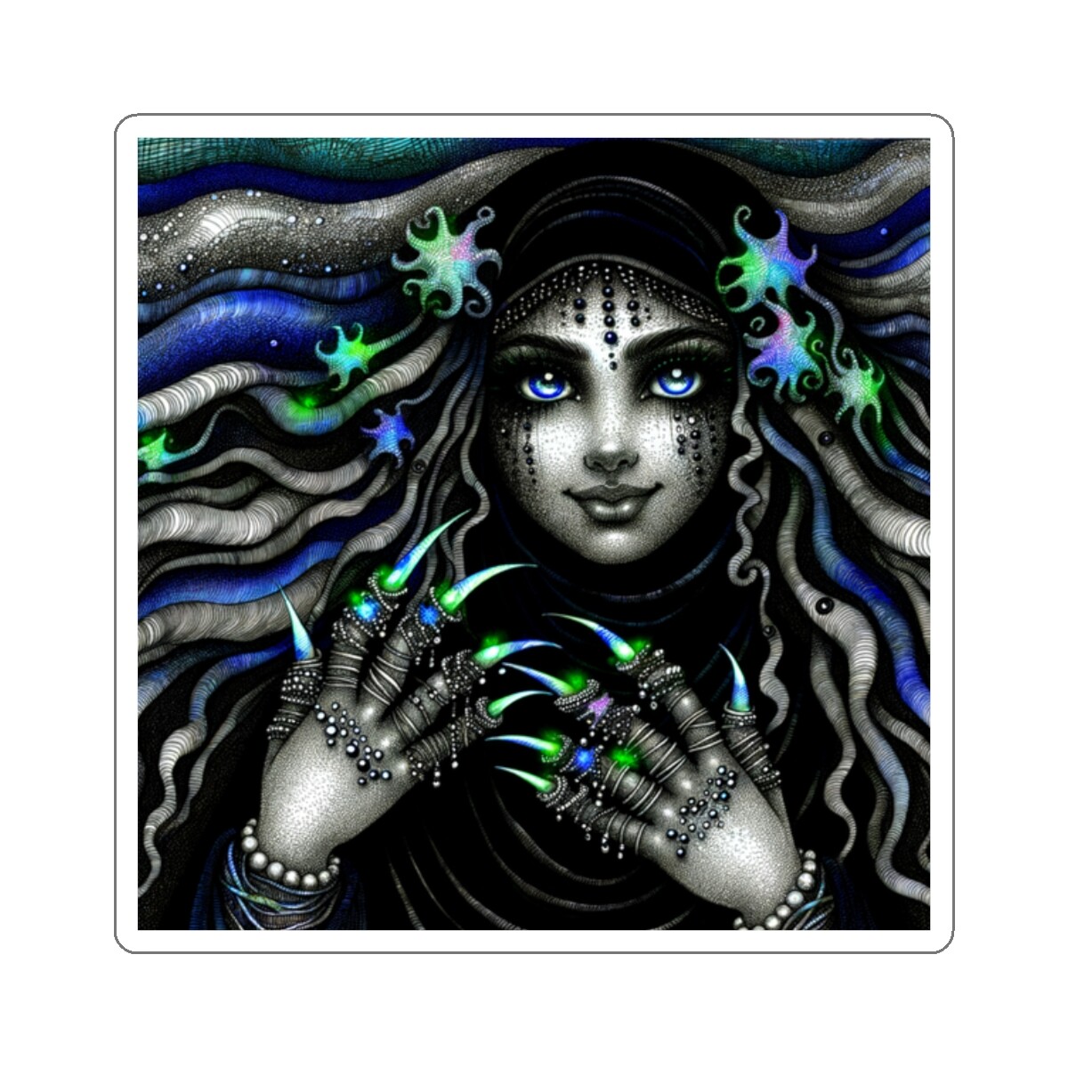 Sticker Shadowy Siren Ink Art Dark Palette 2×2 3×3 4×4 6×6