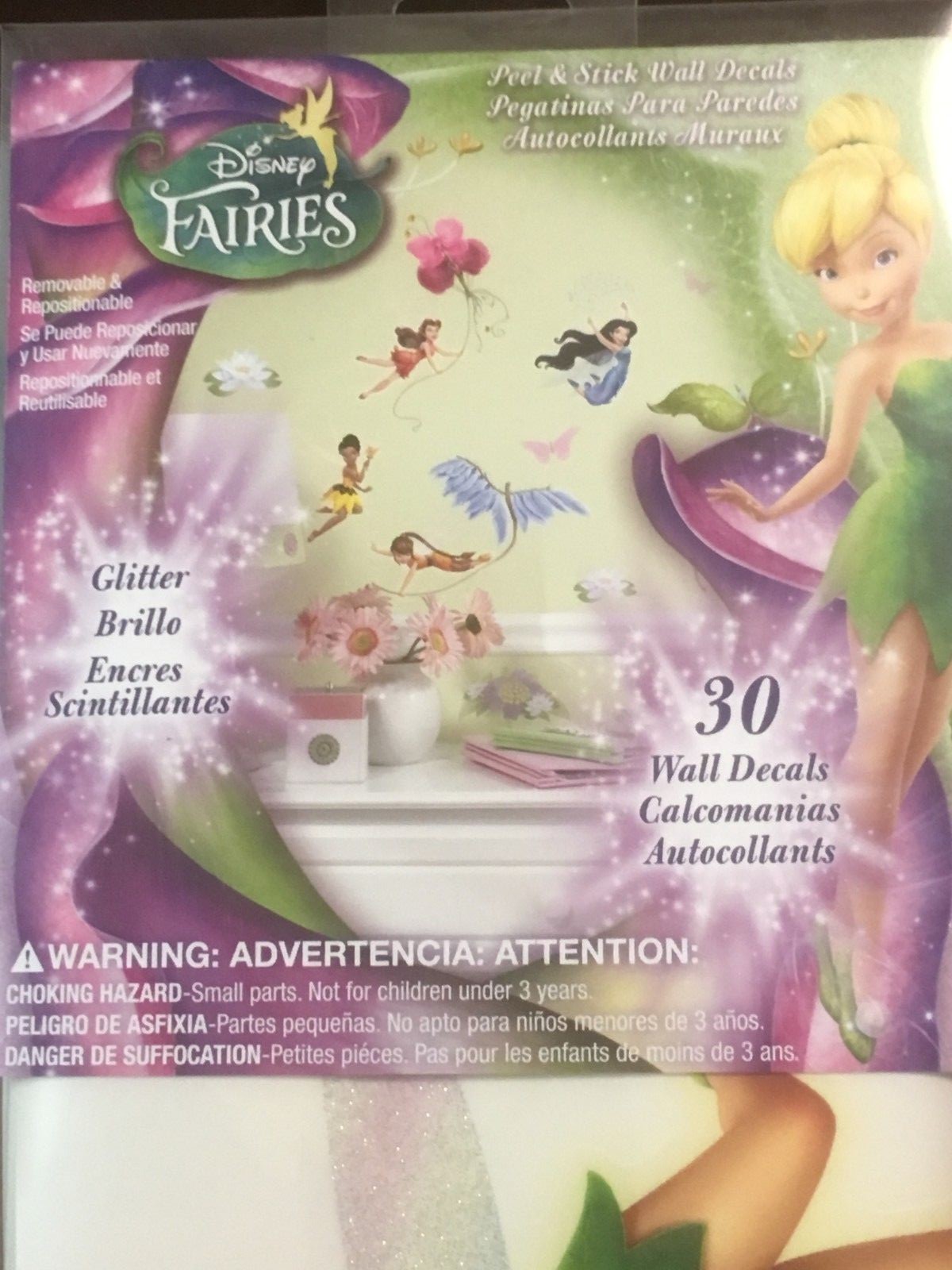 New RoomMates Disney Fairies Peel & Stick Wall Decals with Glitter 30 Pcs