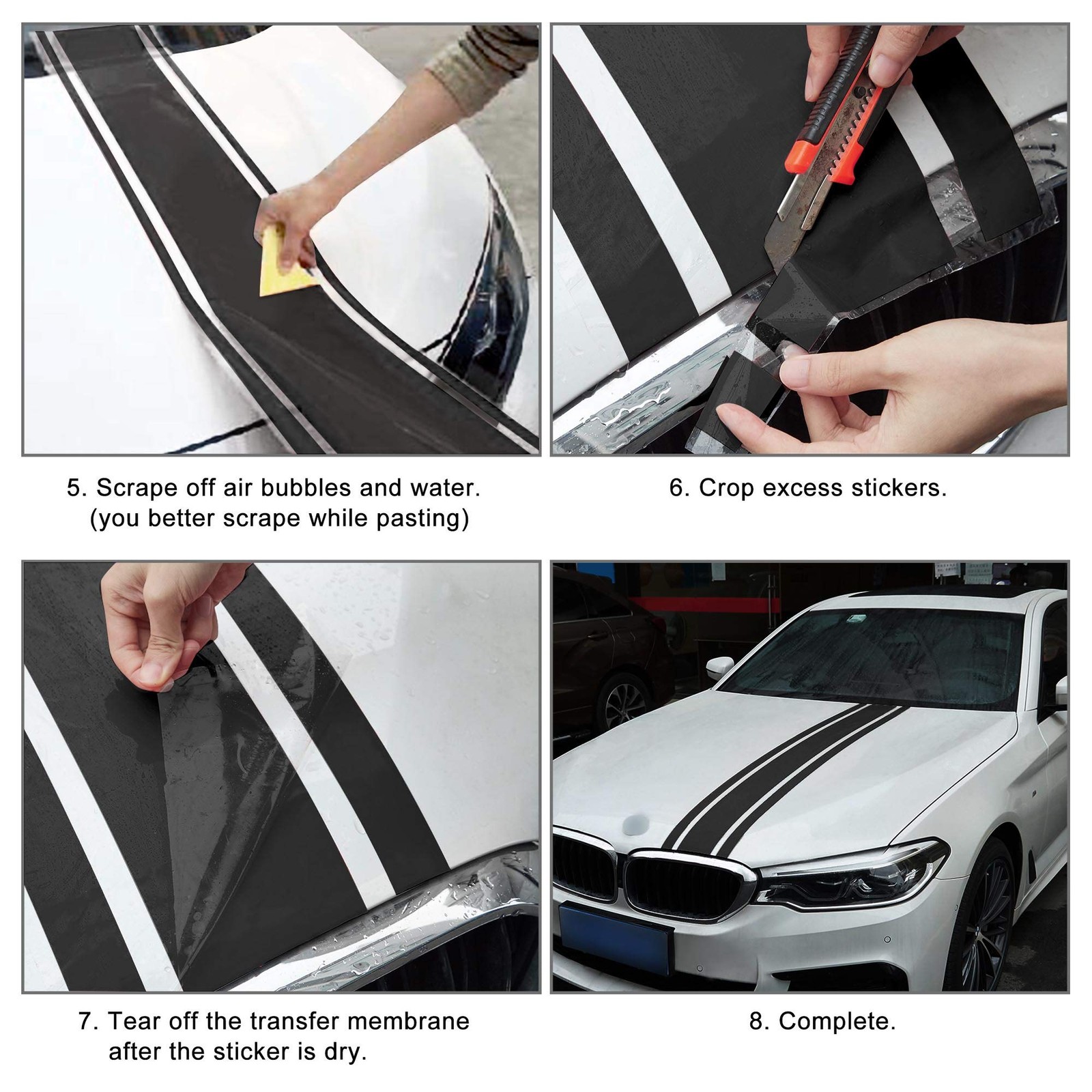 49"x 8.7" Car Hood Stripe Sticker Auto Racing Body Side Stripe Decal Skirt Ro…