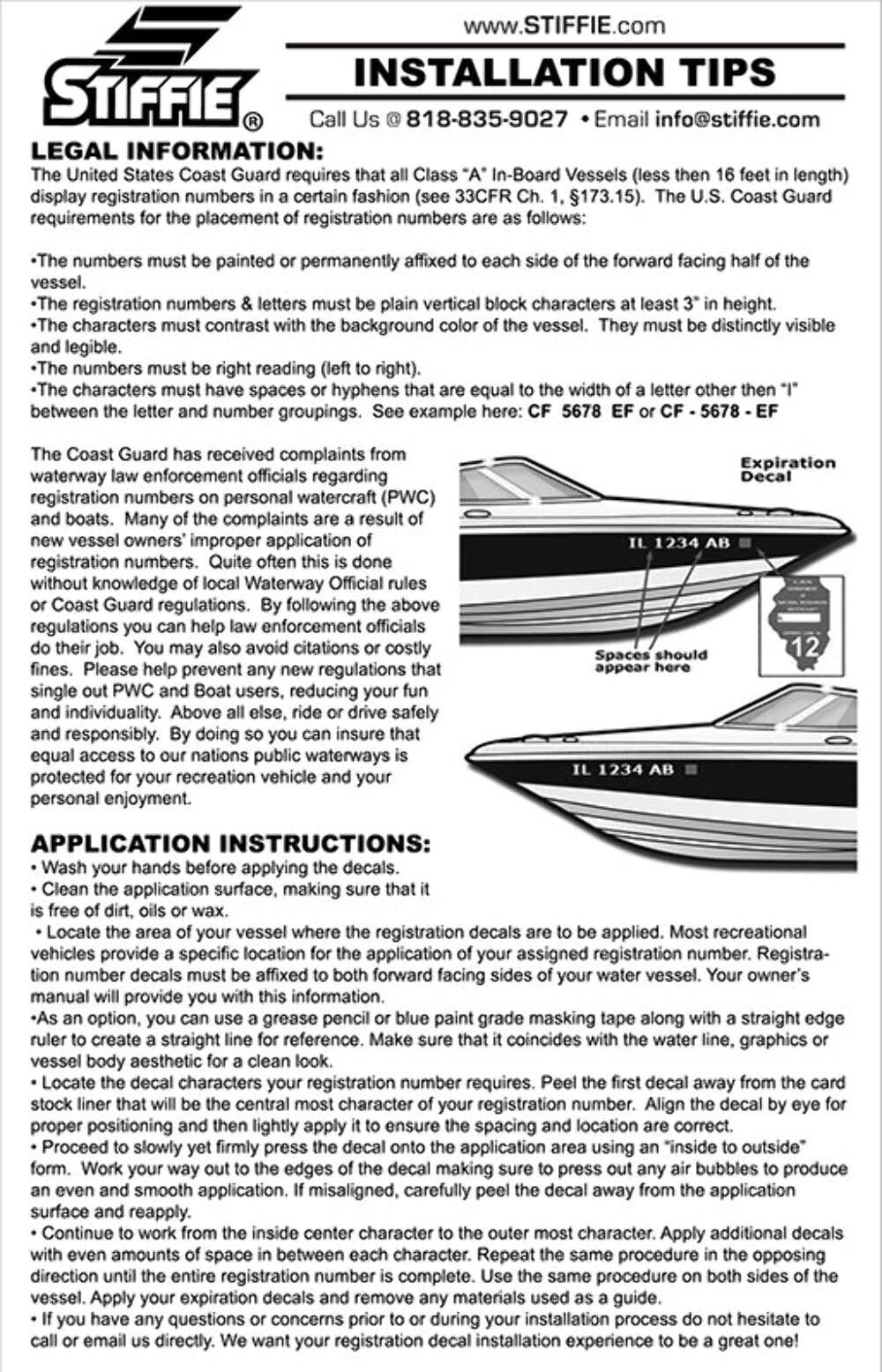 STIFFIE Whipline White/Black 3" Boat & PWC Registration Decals • Numbers Letters