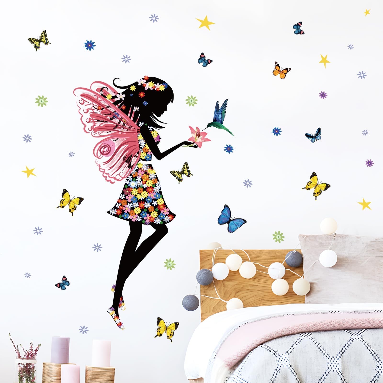 Butterfly Girl Wall Sticker – Colorful Fairy Wall Decal, Floral DIY Removable…