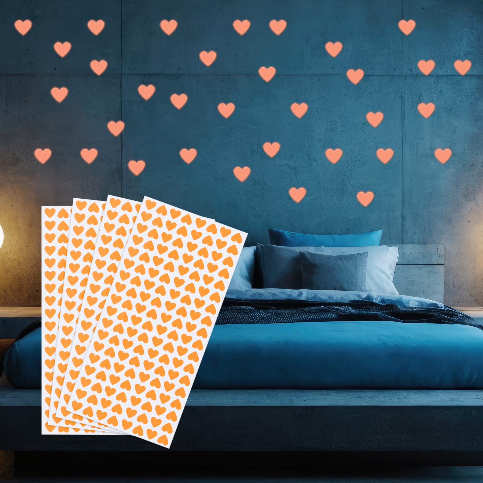 576 Pcs Glow in the Dark Heart Stickers, Heart Luminous Decor, Orange