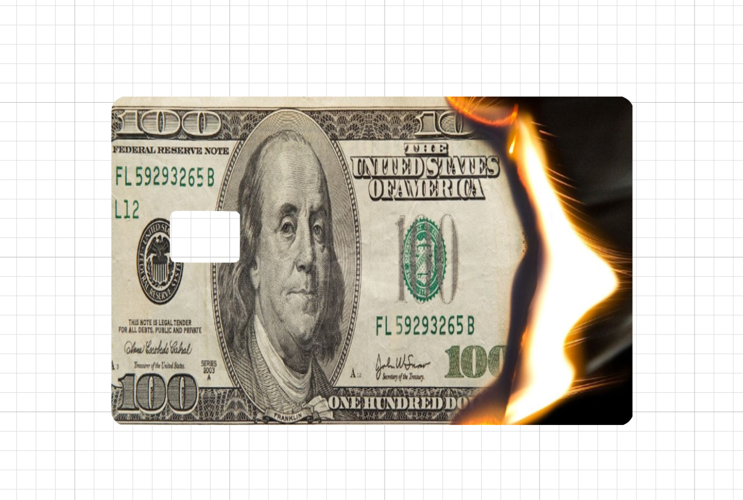 Burn Money 100 Dollar Credit Debit Card Skin Replica Fire Sticker ATM Gold 1900s