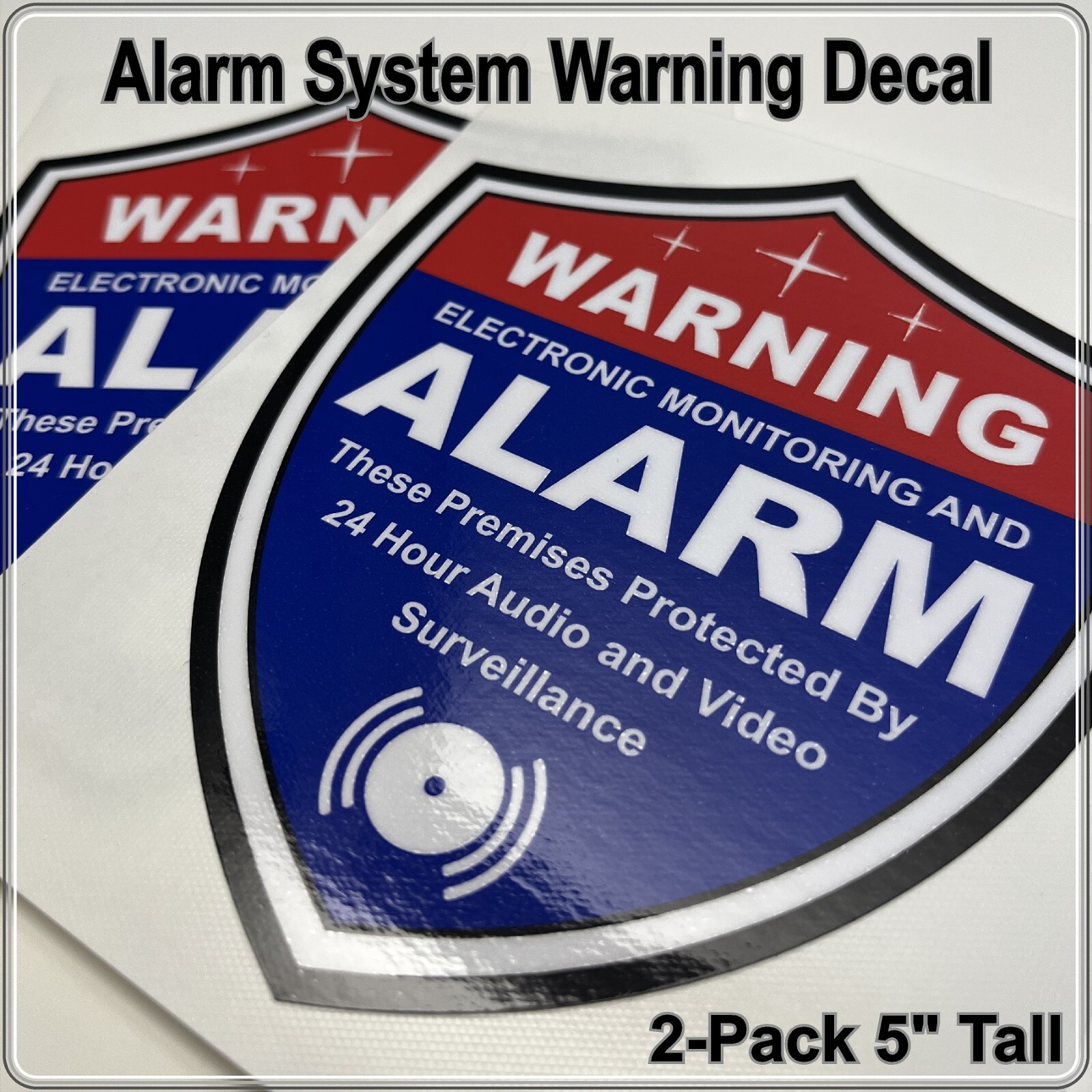 2-Pack Alarm System Warning Decals 5" Shield Shape Red White and Blue for Window