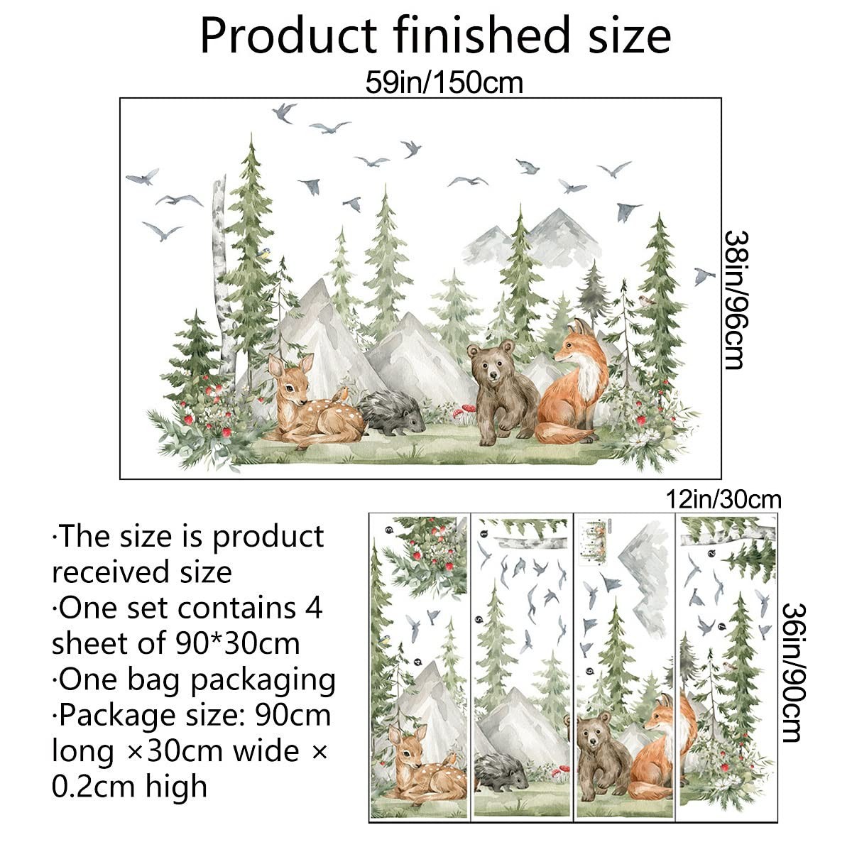 Amaonm 4 Sheet of 12×36 inch Giant Mountain Forest Tree Wall Decal Woodland D…