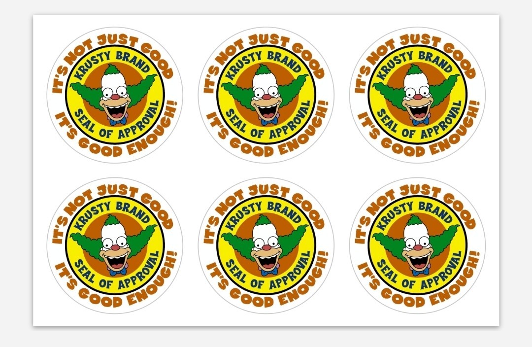 Krusty Brand Seal of Approval 4"x6" Vinyl Sticker Sheet – 6 per Sheet 1.75" each