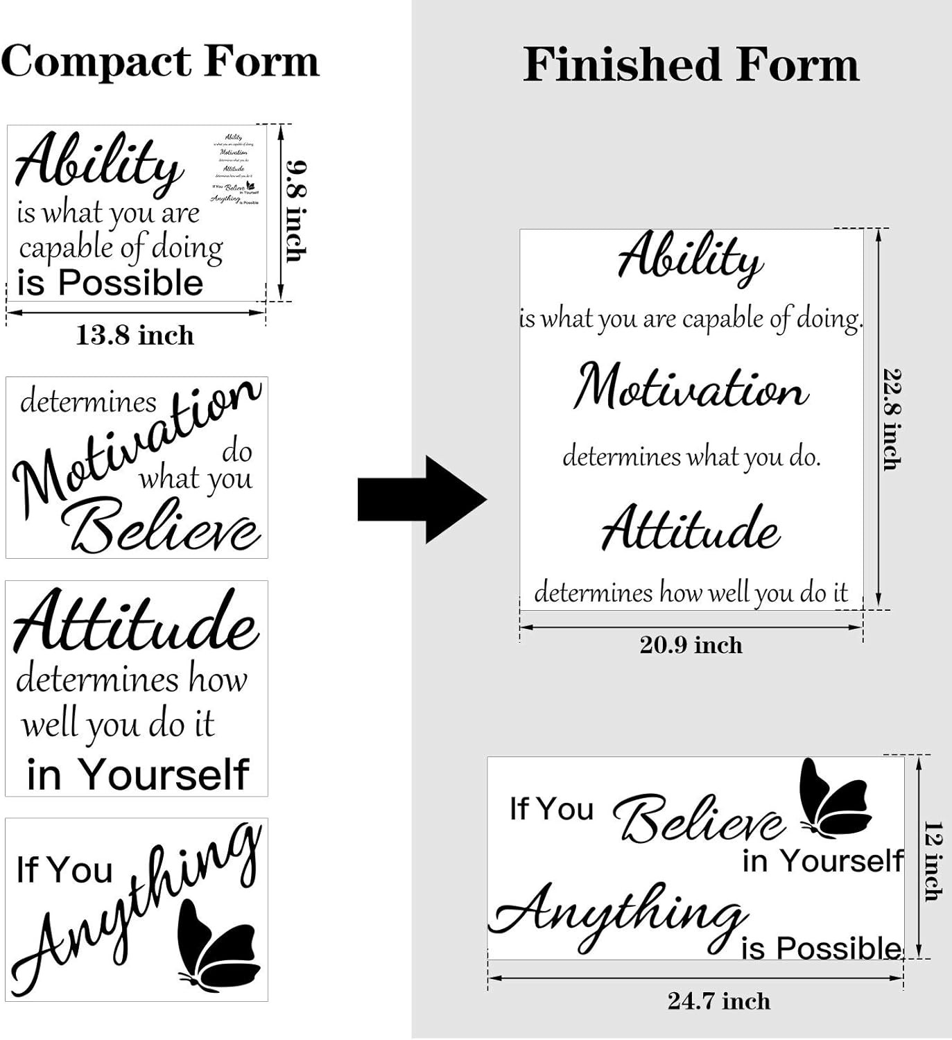 2 Sheets Vinyl Wall Quotes Stickers Ability Motivation Attitude Believe Black