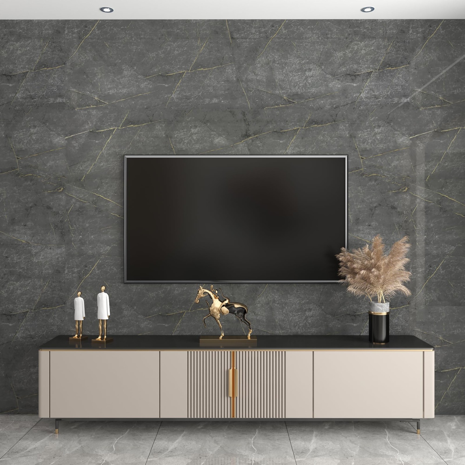24"×197" Wide Thick Dark Grey Cyan Gold Pattern Marble Wallpaper Peel and Sti…