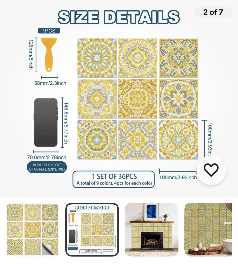 36 Pcs 9 Style Mosaic Style Peel and Stick Wall Tile Sticker Mustard Color Wa…