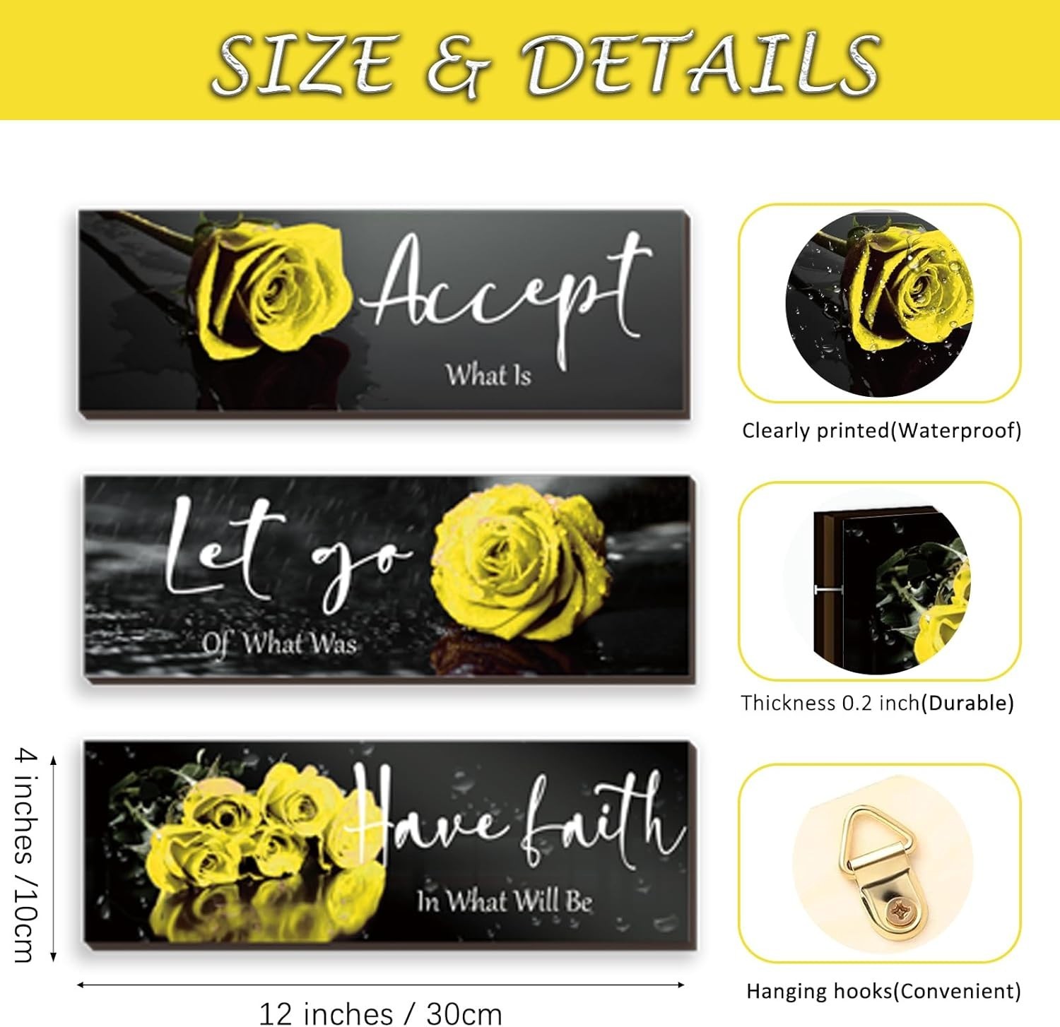 Charming 3-Pc Yellow Rose Wall Decor with Faith-Inspiring Quotes – 12×4 Inches