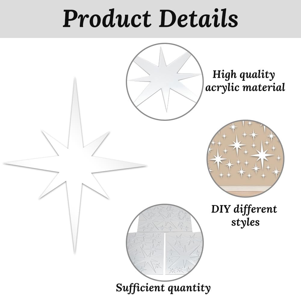 71 Pcs Silver Star Stickers, 3D Acrylic DIY Star Mirror Wall Stickers Decor, Rem