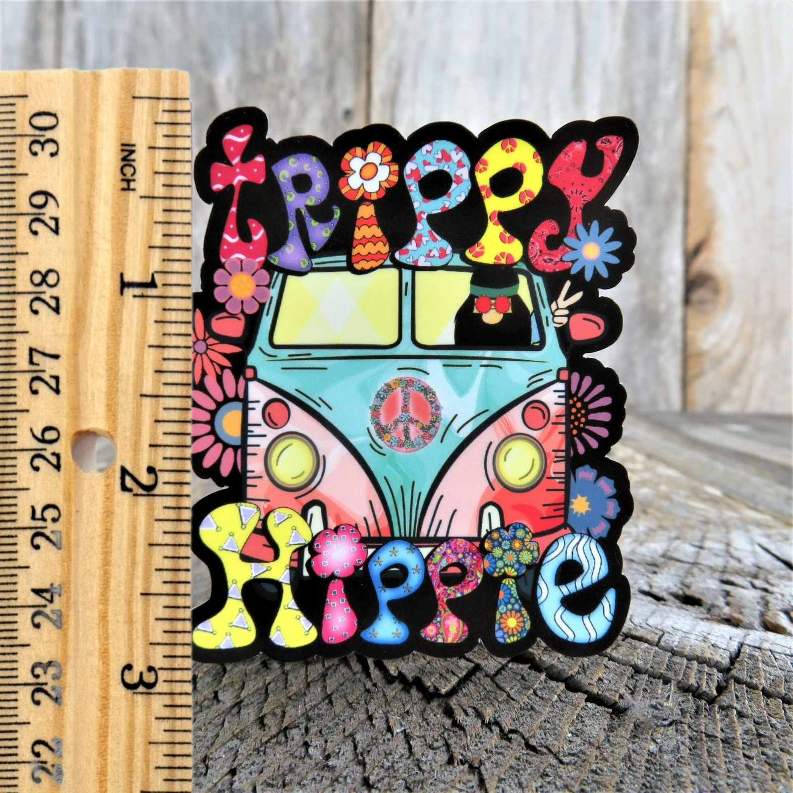 Trippy Hippie Sticker Van Peace Sign Flower Power Colored Retro Bus Car