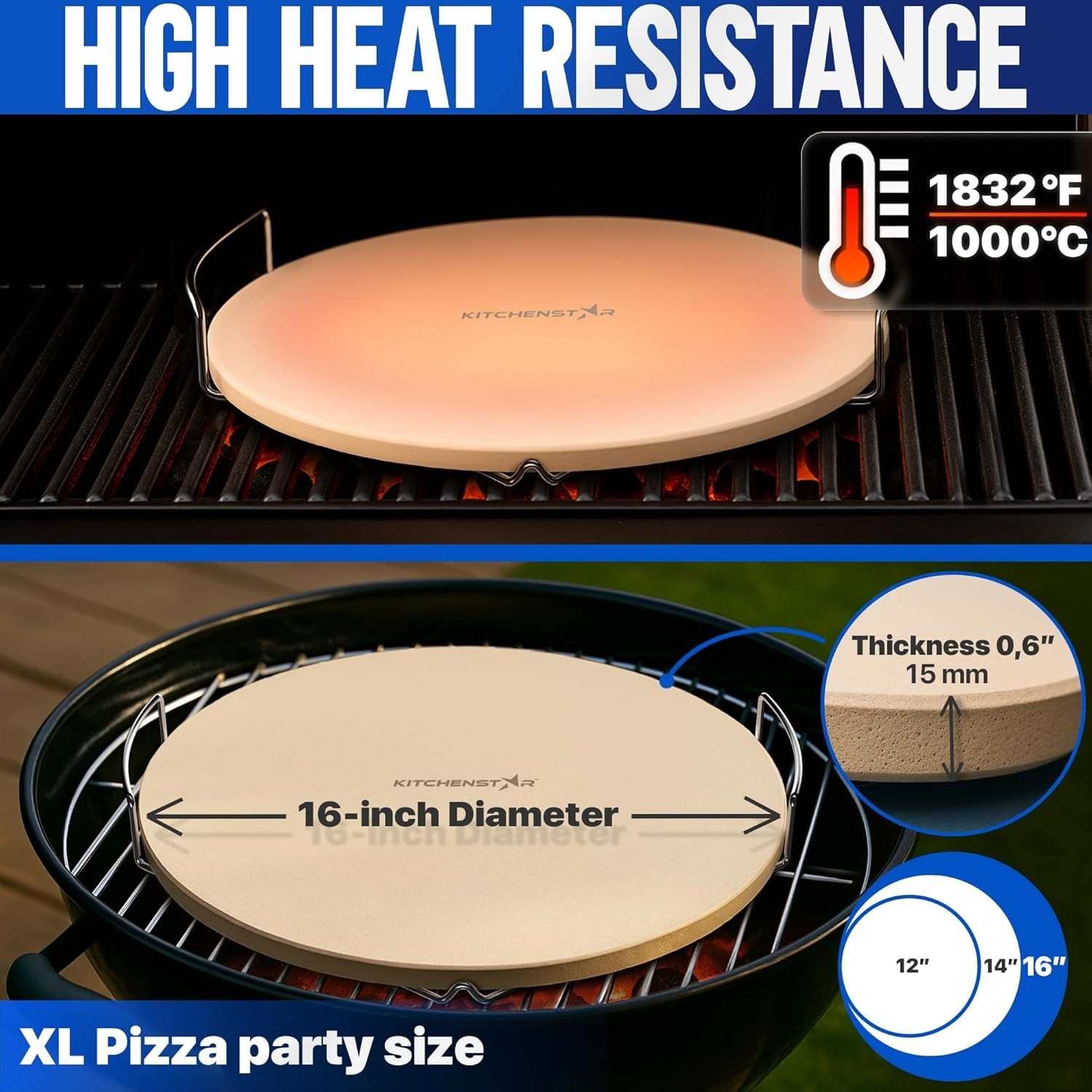 16-Inch Pizza Stone for Oven and BBQ Grill with Handles, Round, 5/8" Thick – Nat