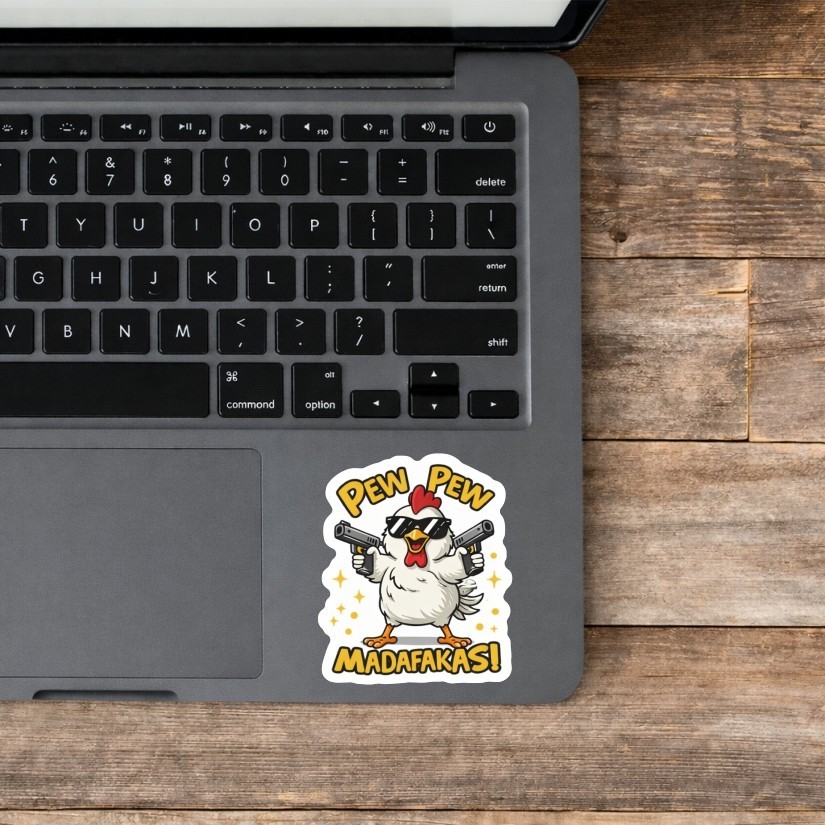 PEW PEW MADAFAKAS! Funny Chicken Sticker, Peel N' Stick, Different Sizes