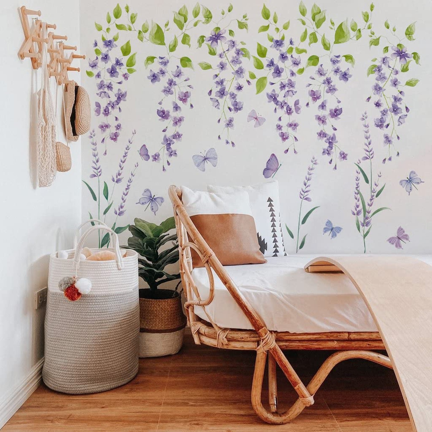 Runtoo Purple Flower Butterfly Wall Decals Hanging Lavender Floral Wall Stick…