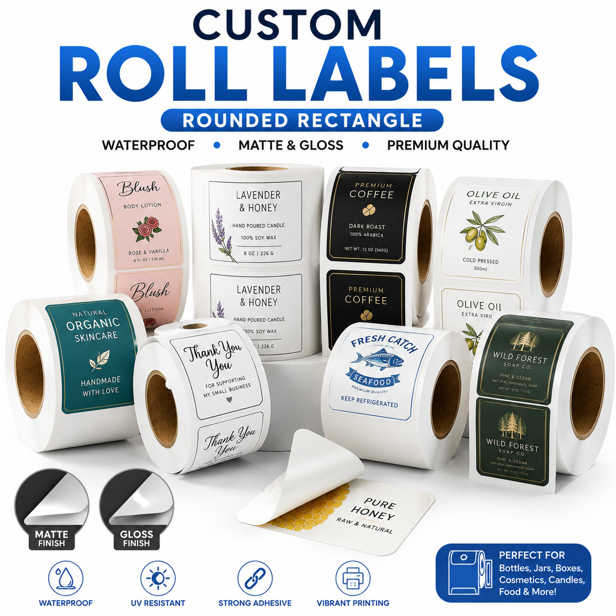 Personalized Roll Labels Rounded Rectangle Stickers for Business Packaging, 250