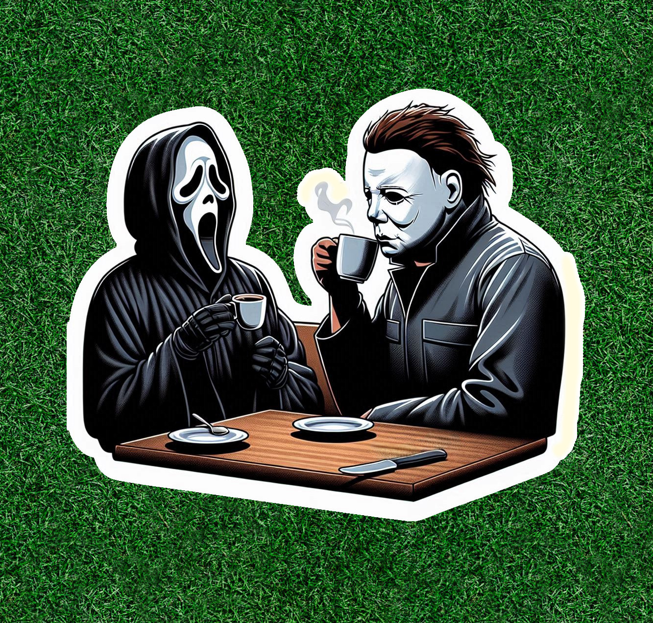Michael Myers and Ghostface having coffee 100% waterproof sticker -several sizes