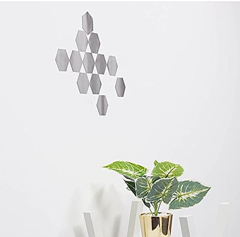 12 Silver 5-Inch Hexagon Mirror Stickers Acrylic Removable Wall Decals Home Acce
