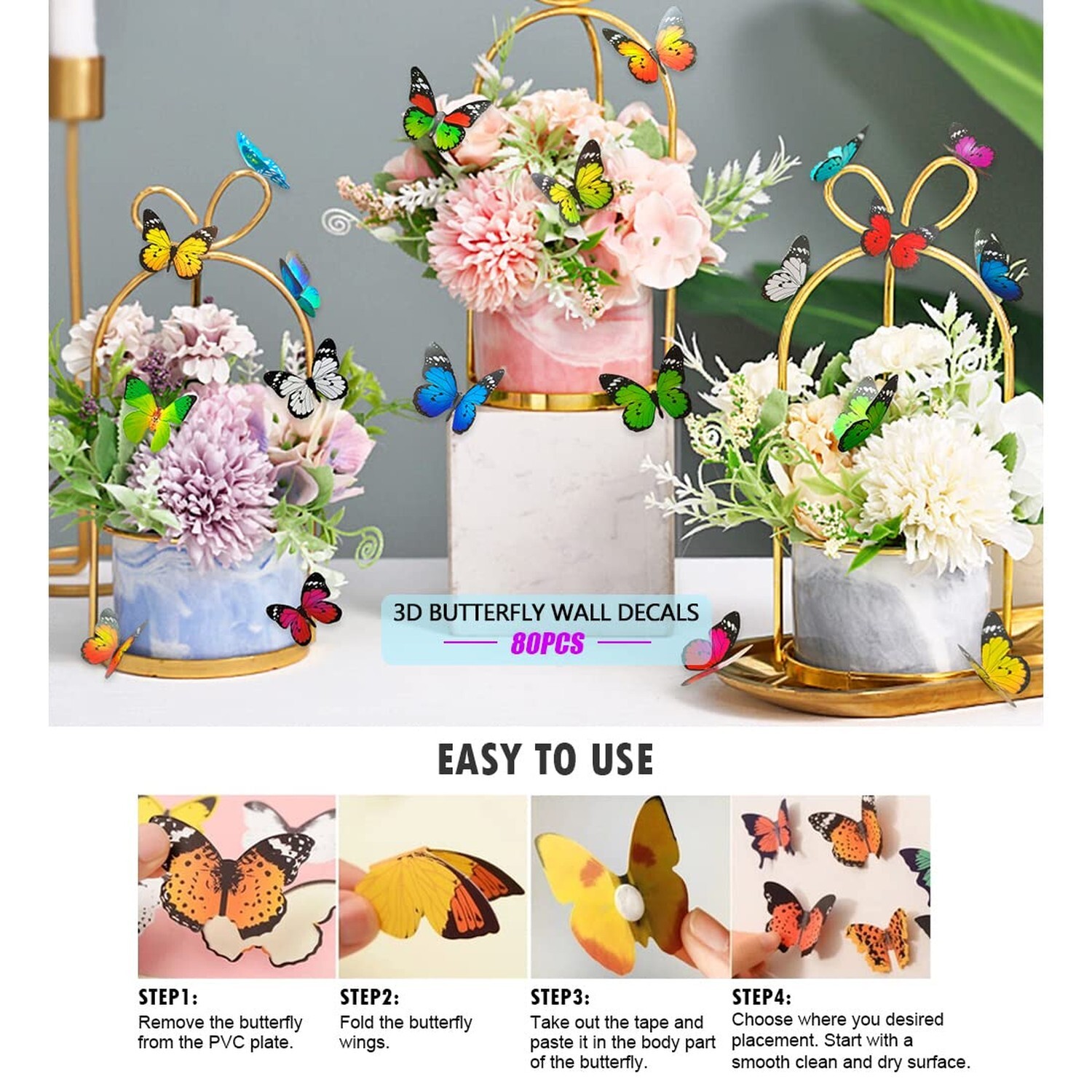 80pcs Butterfly Wall Decor – Plastic Butterflies Wings Foldable Removable Wat…