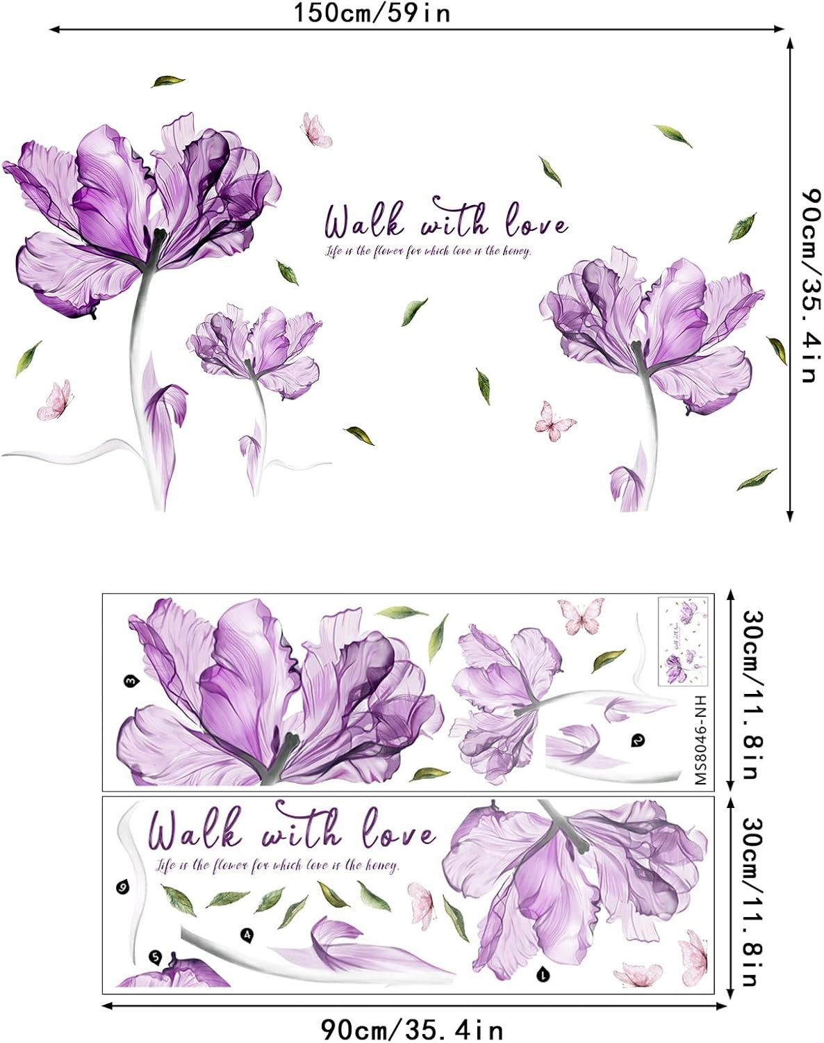 Flowers Wall Sticker Watercolor Purple Floral Wall Decal DIY Butterfly Flower Ar