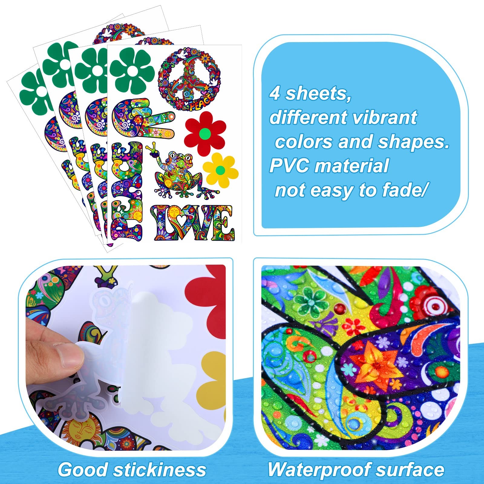 32 Pcs Hippie Theme Car Stickers Cute Peace Multicolor Vinyl Decals Pack