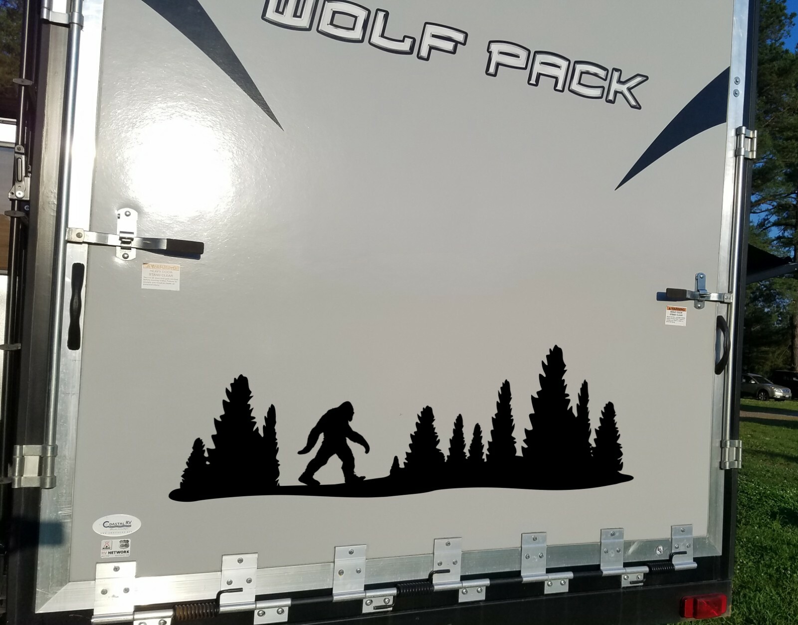 Bigfoot in Tree Line V7 Vinyl Decal | RV Motorhome Graphics Sasquatch Forest PNW
