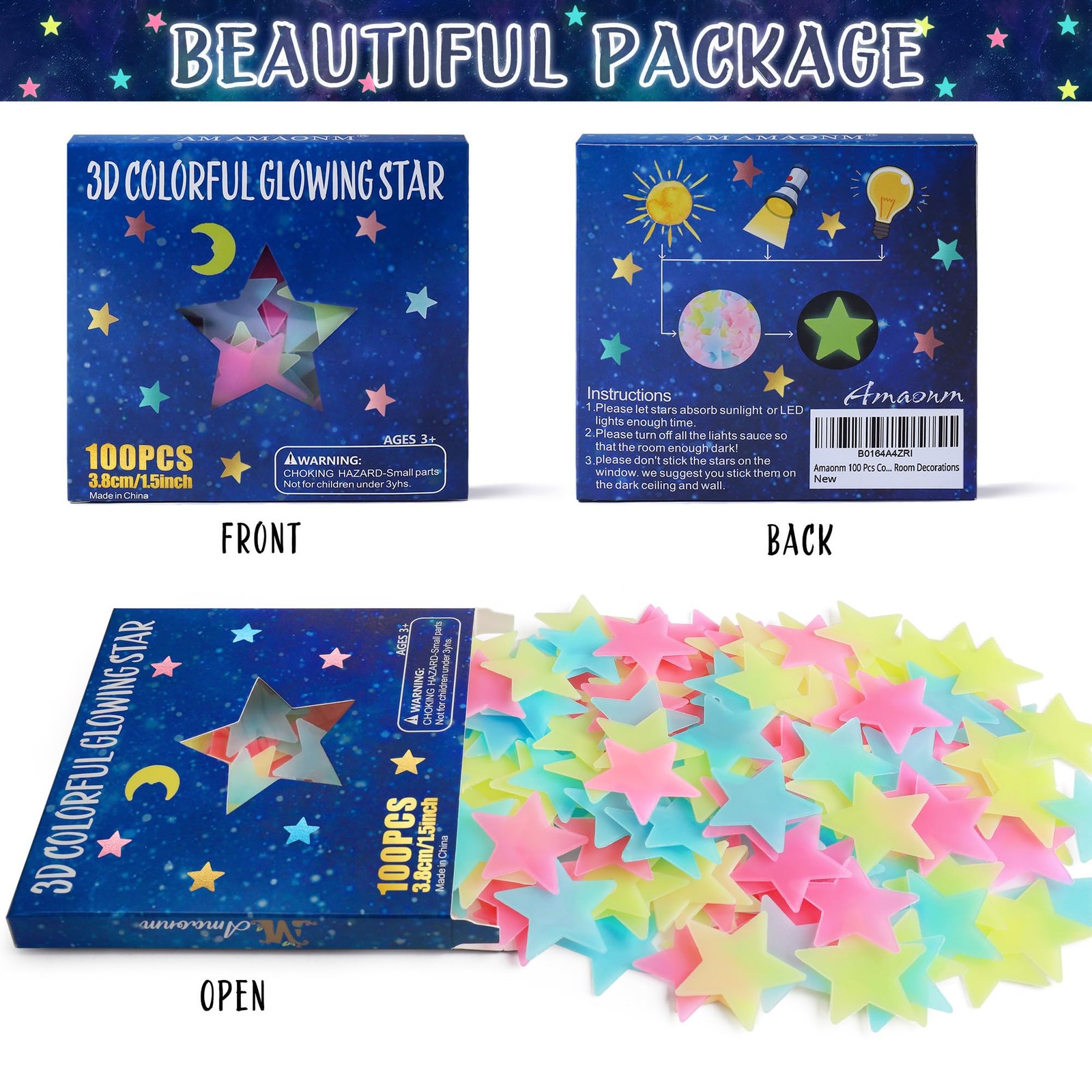 AM AMAONM 100pcs Glow in The Dark Luminous Stars Fluorescent Multi