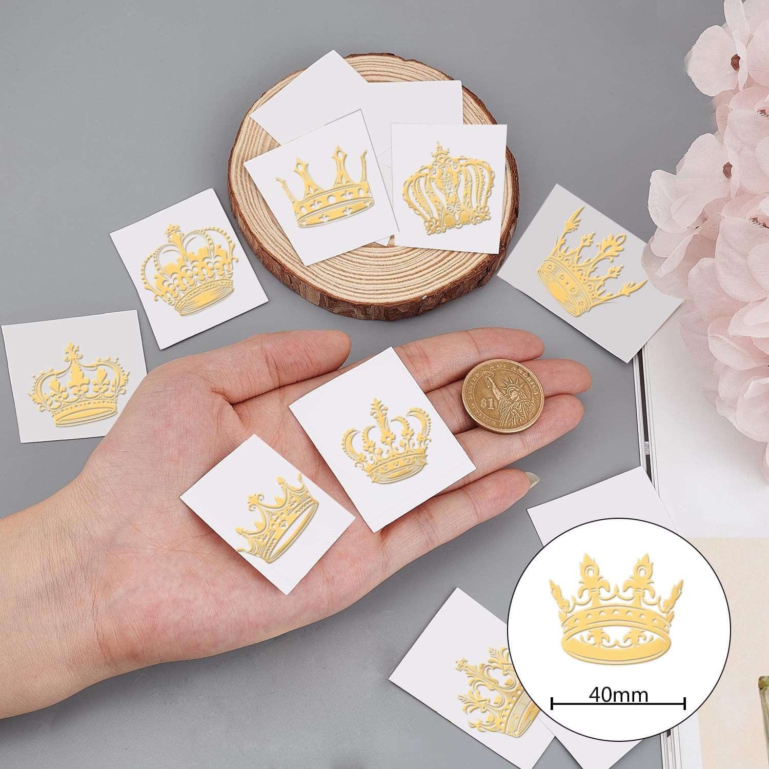 9Pcs 1.6X1.6 Inch Crown Pattern Stickers Crown Metal Sticker Self Adhesive Gold