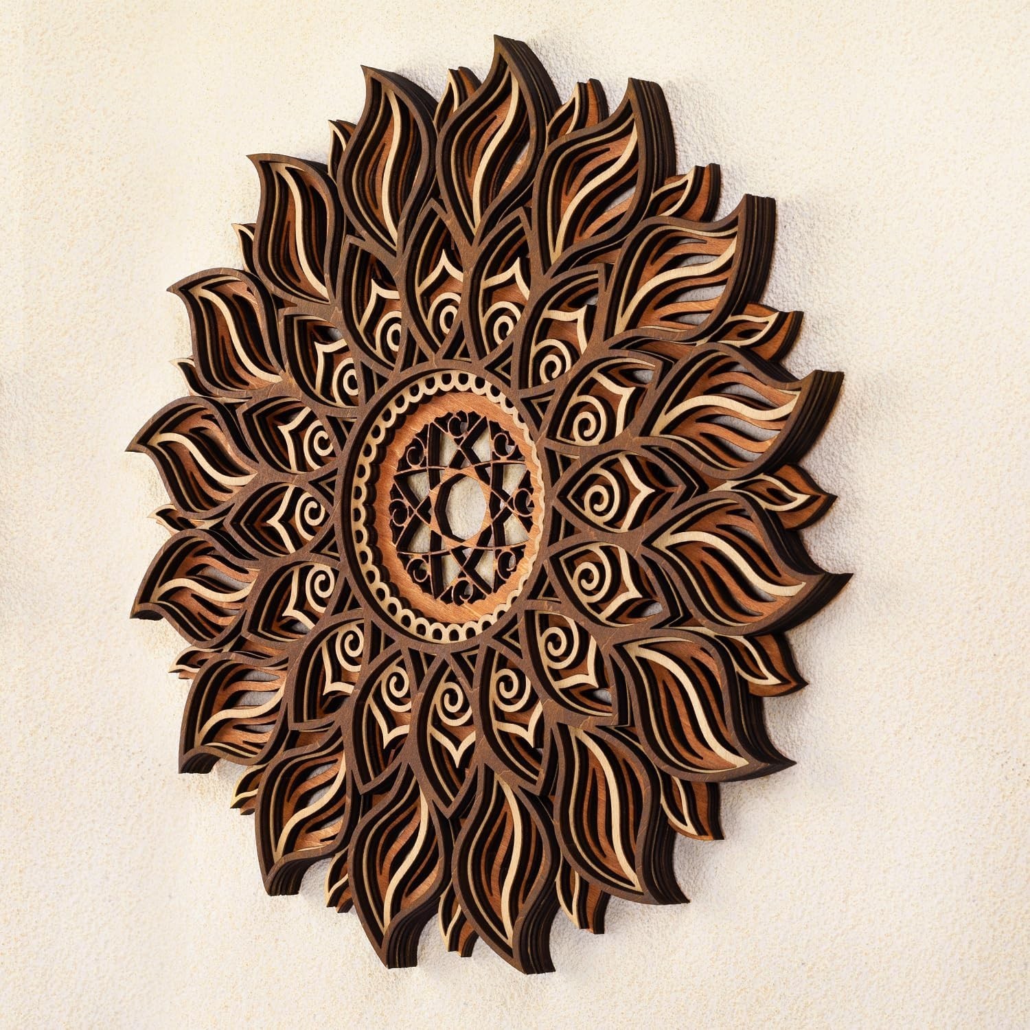 Handcrafted 11.8-Inch Wooden Sun Mandala Decor for Elegant Spiritual Spaces